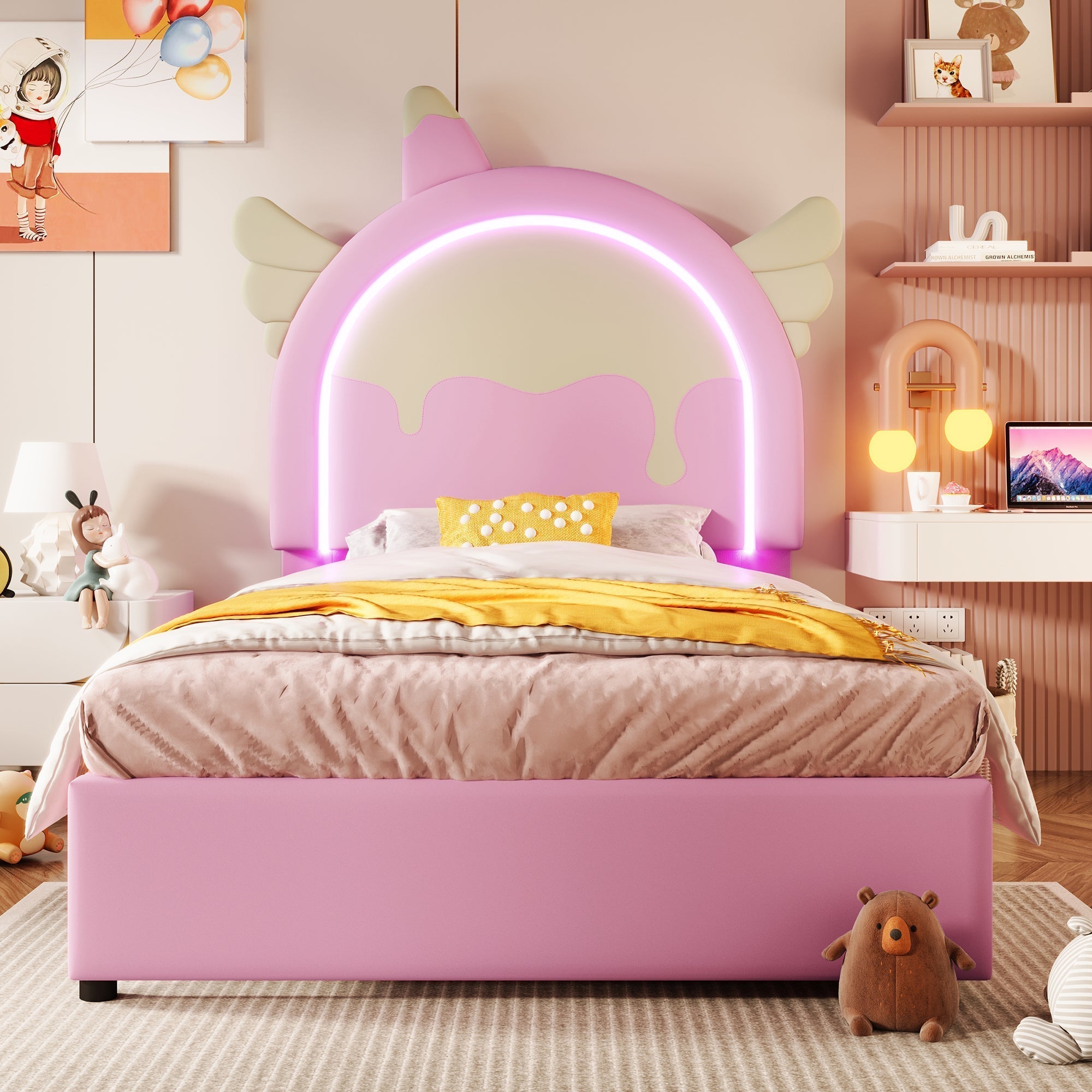 Upholstered Bed 90x200cm Unicorn Shape Light Strip 2 Drawers - PU Pink