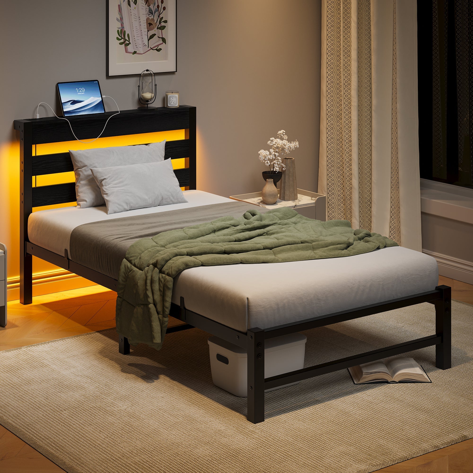 Metal Bed Frame 90x200 with LED Light USB Charging & Under-Bed Storage