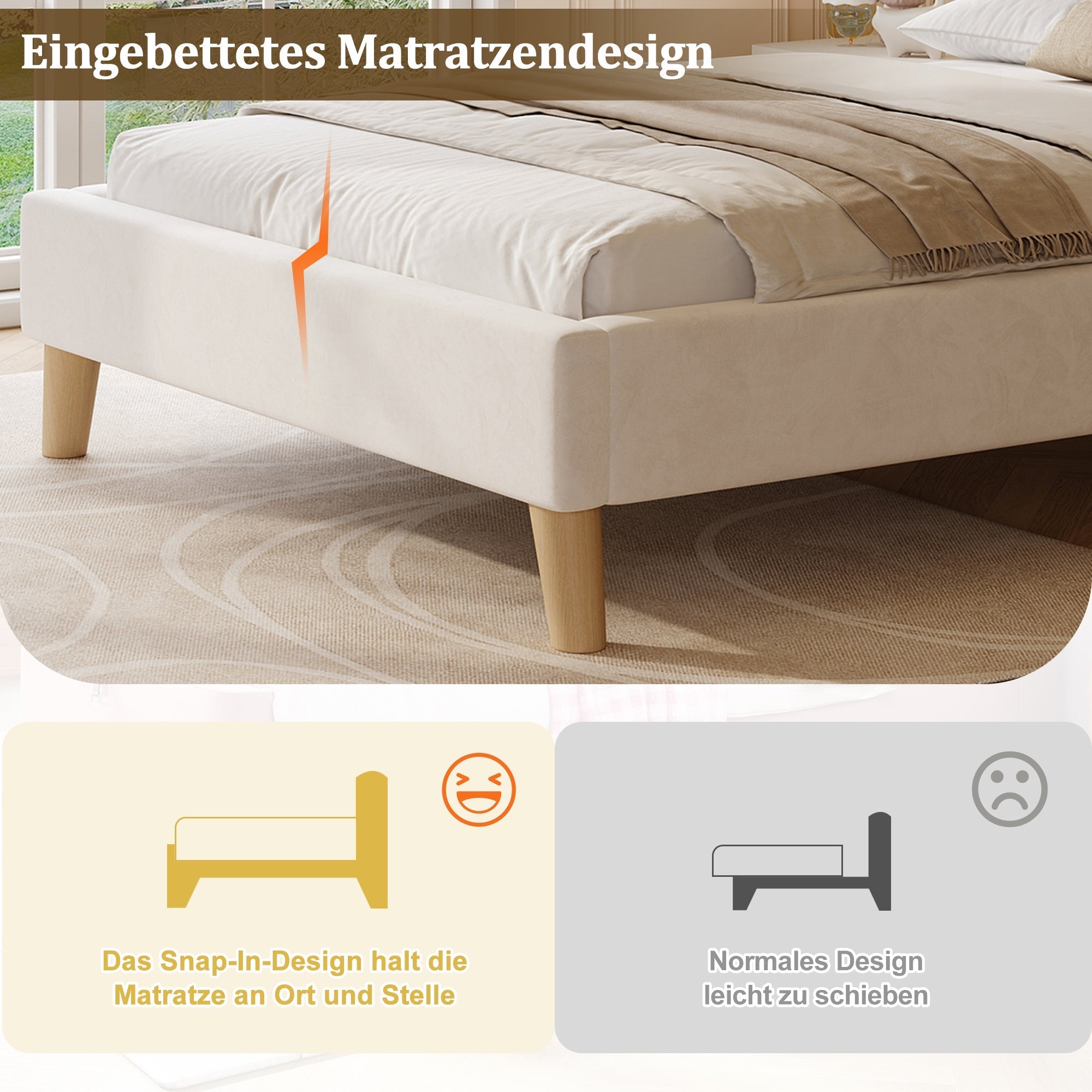 Upholstered Single Bed 90 x 200cm with Slatted Base and Solid Wood Legs, Beige Velvet