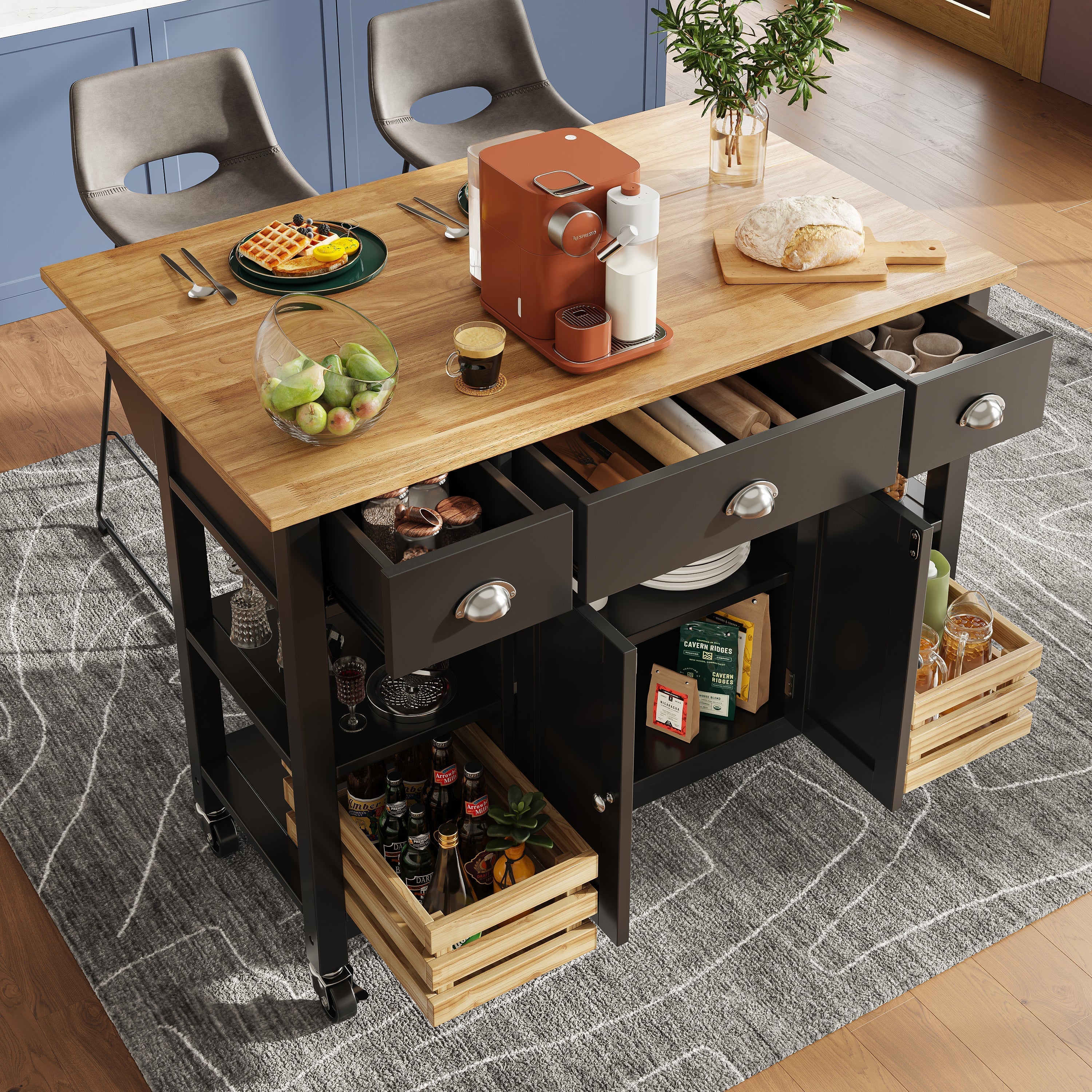 Rolling Kitchen Island Storage Trolley with Large Cabinet, 3 Drawers, Spice Rack, Adjustable Shelf, Dining Room Organiser Sideboard Cupboard Cabinet Cart, Black