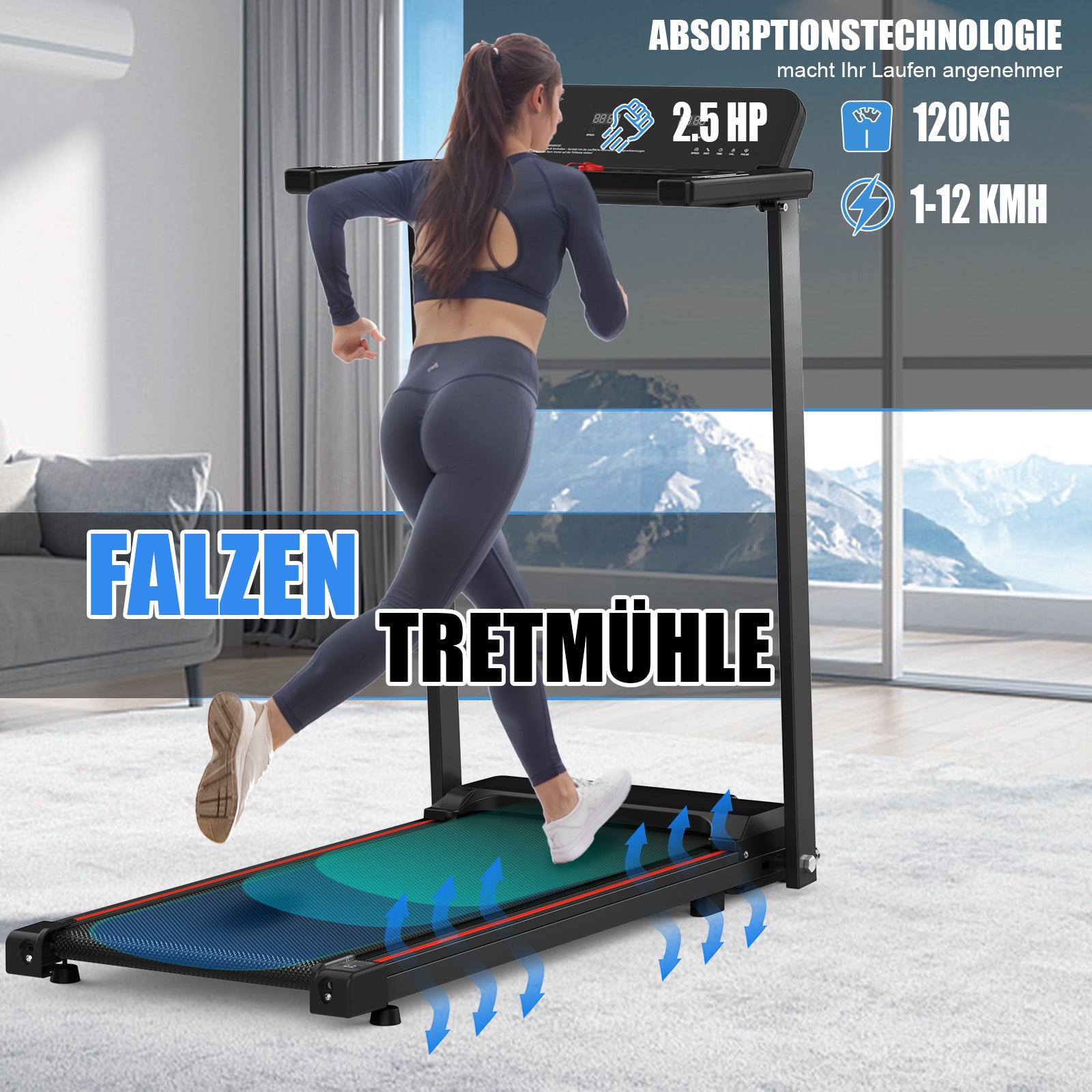 Electric Treadmill, Folding, 12 km/h Max Speed, LED Display, 120 kg Capacity