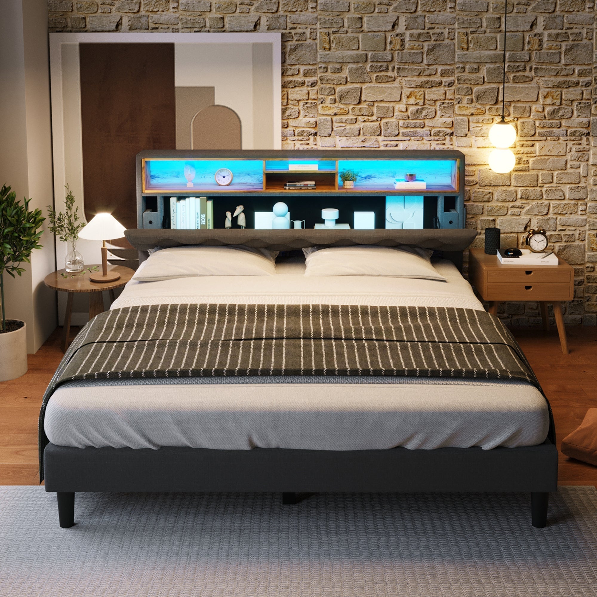 Upholstered Double Bed, Storage Headboard LED Lighting Wooden Frame 140x200cm, Grey