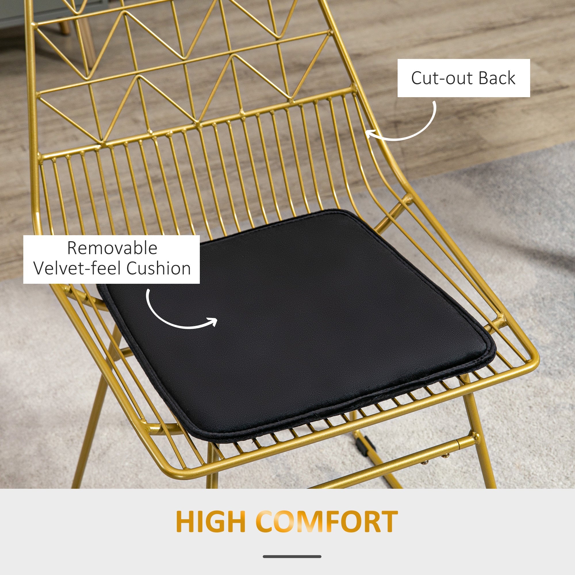Luxurious Dining Chairs Set of 2, Metal Wire, Removable Cushion, Cut-out Back, Gold Tone