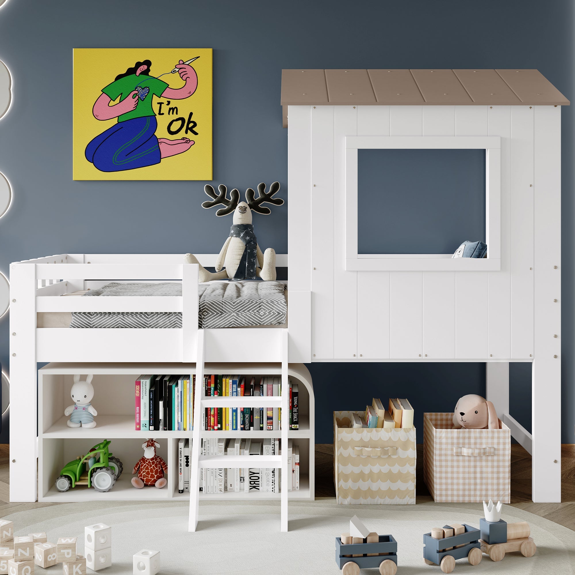 Children's Bed, Half-Height House Bed with Roof, Window & Stairs, White & Natural Wood