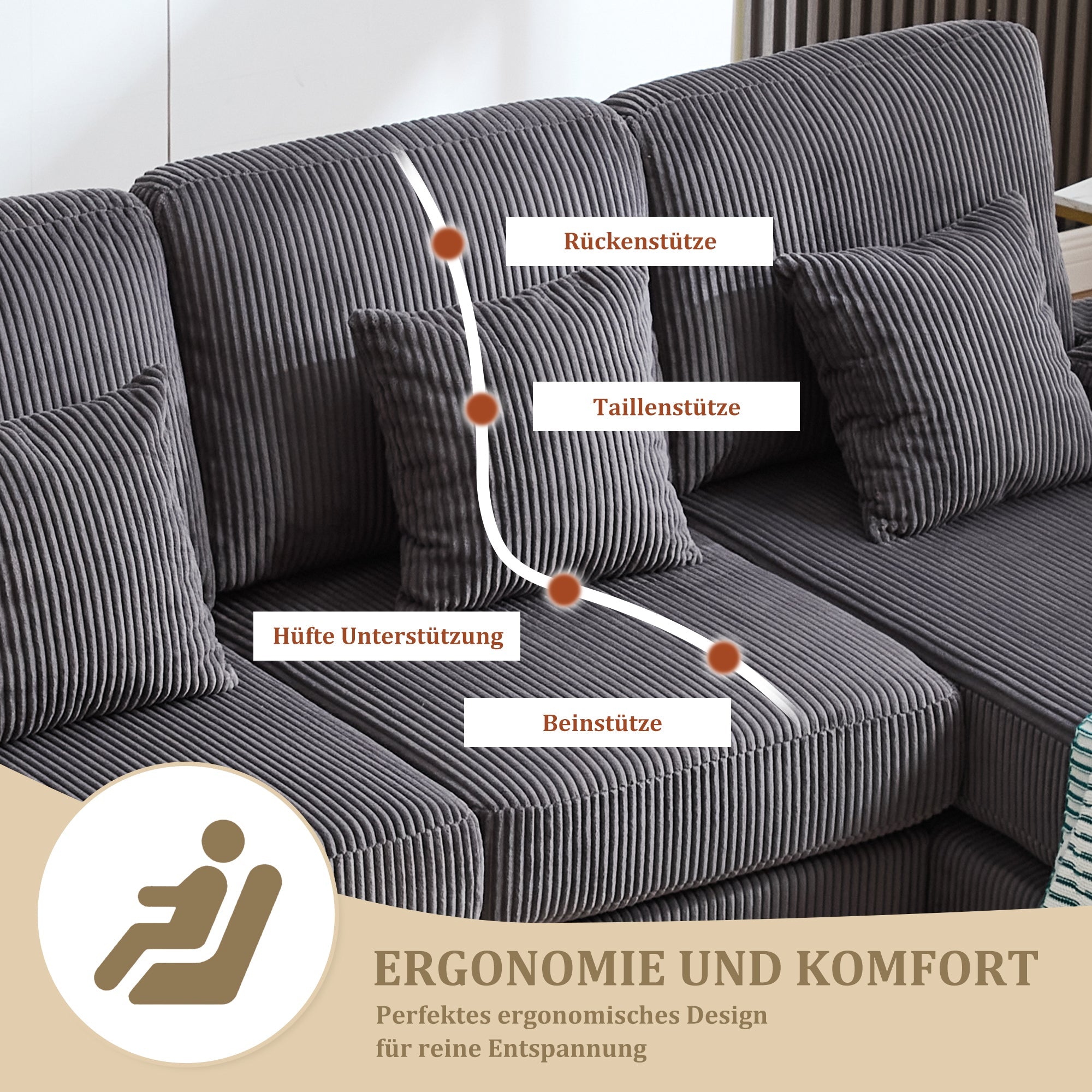 U-Shaped Sofa, LED Ambient Lighting & USB-C Port, Solid Wood Frame, Grey