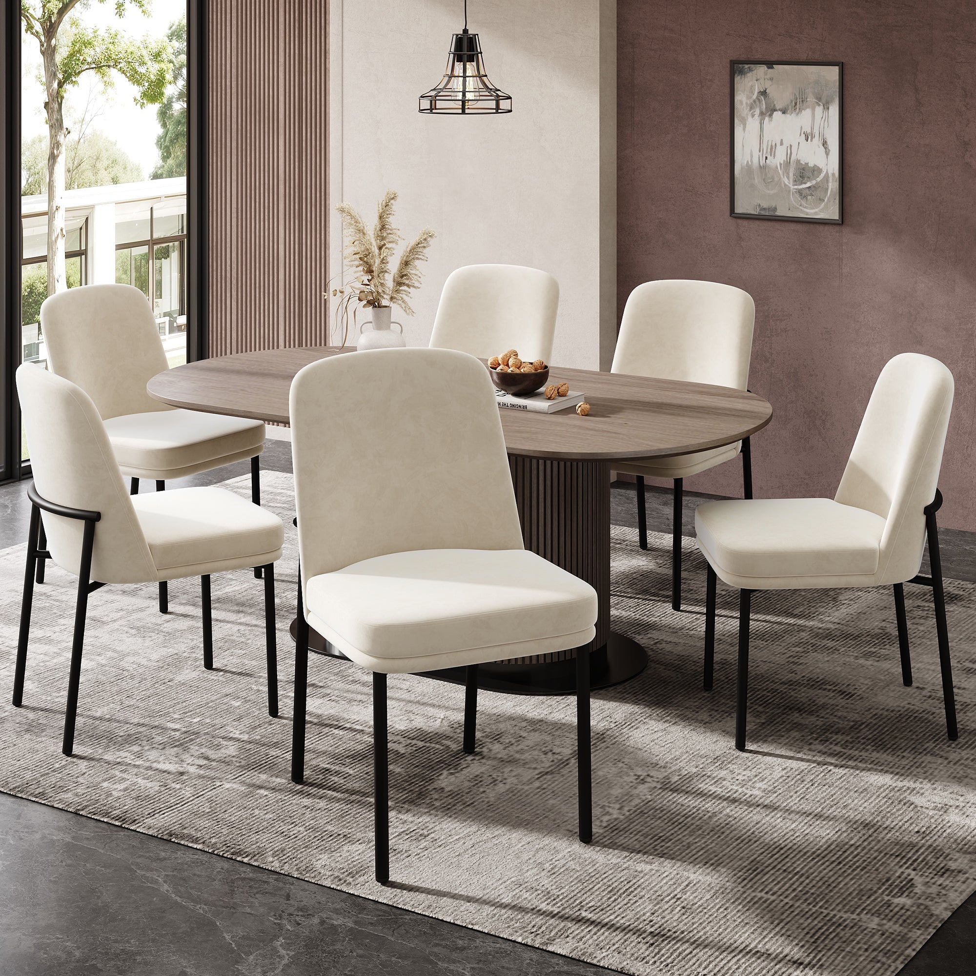 Dining Chairs Set of 6 Black Metal Legs Modern - Beige Velvet