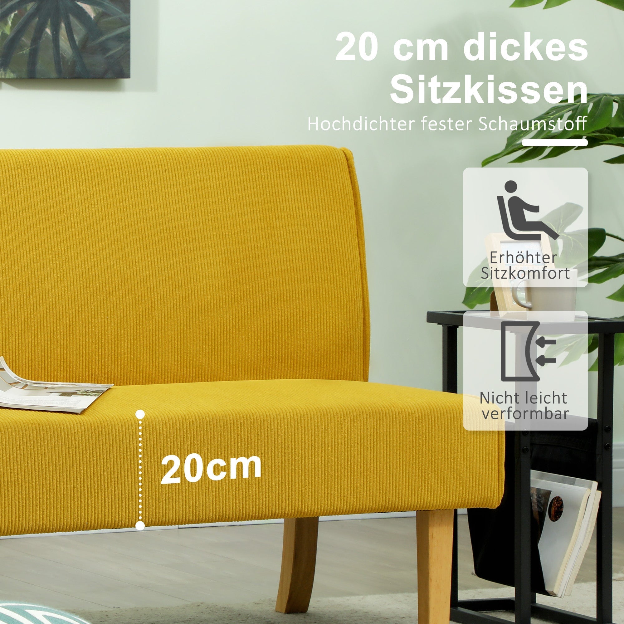 2-Seater Sofa Upholstered Corduroy Wooden Legs, Yellow