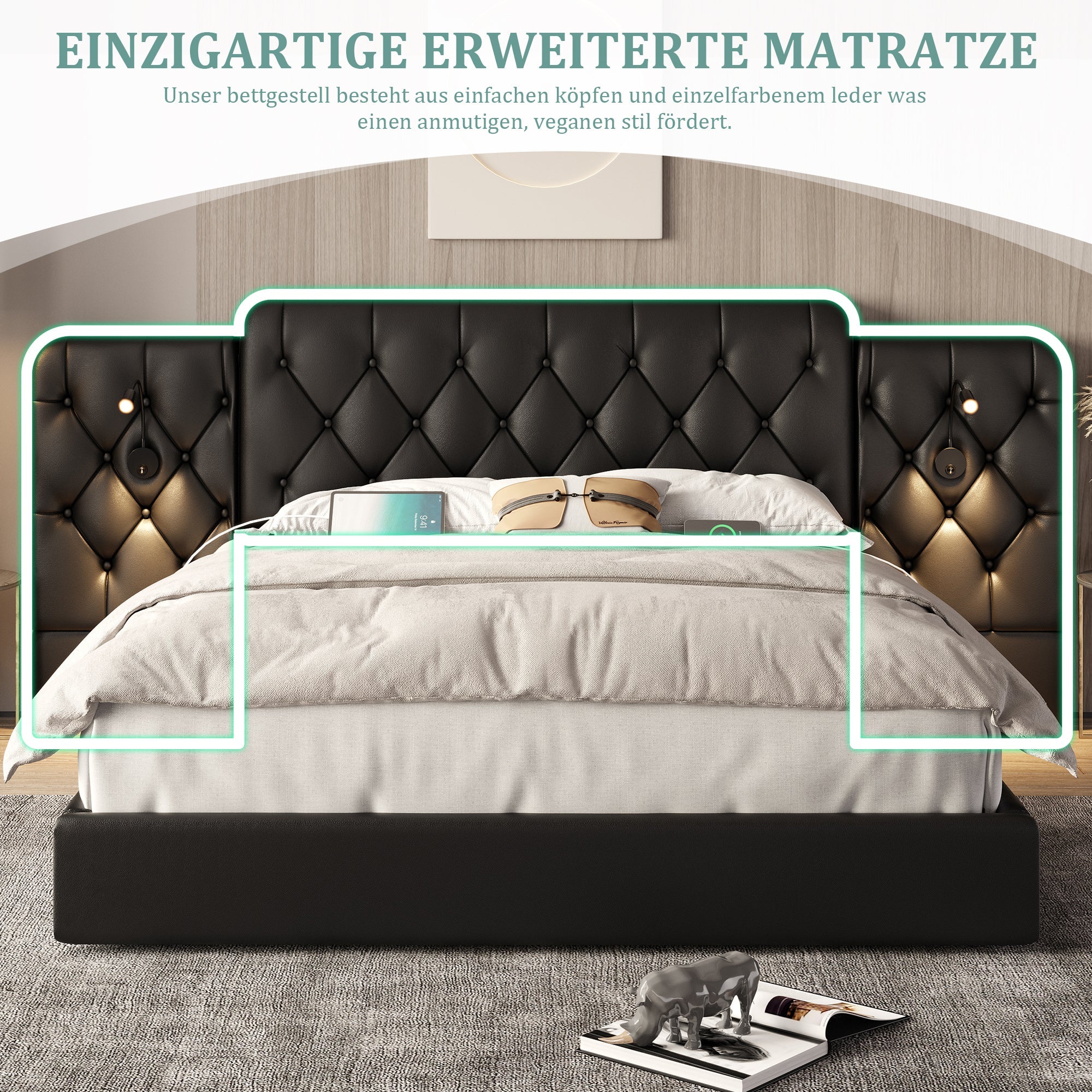 Bed Frame with Long Headboard, USB, Desk Lamp, Hydraulic Storage, 180x200cm - Black Velvet