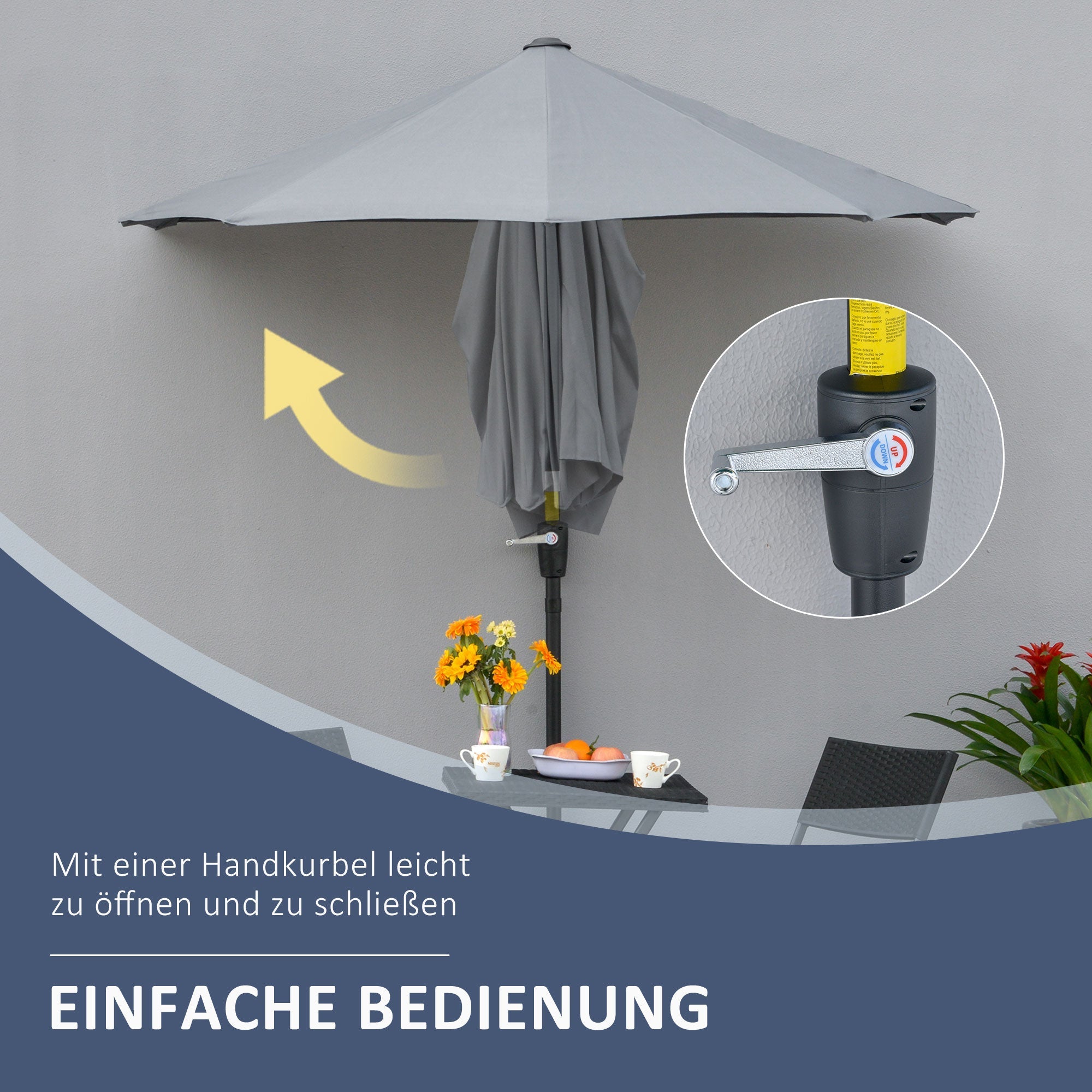 Semi-circular Parasol with Stand, Waterproof 2x2m for Garden/Patio/Balcony, 100% Polyester Dark Grey