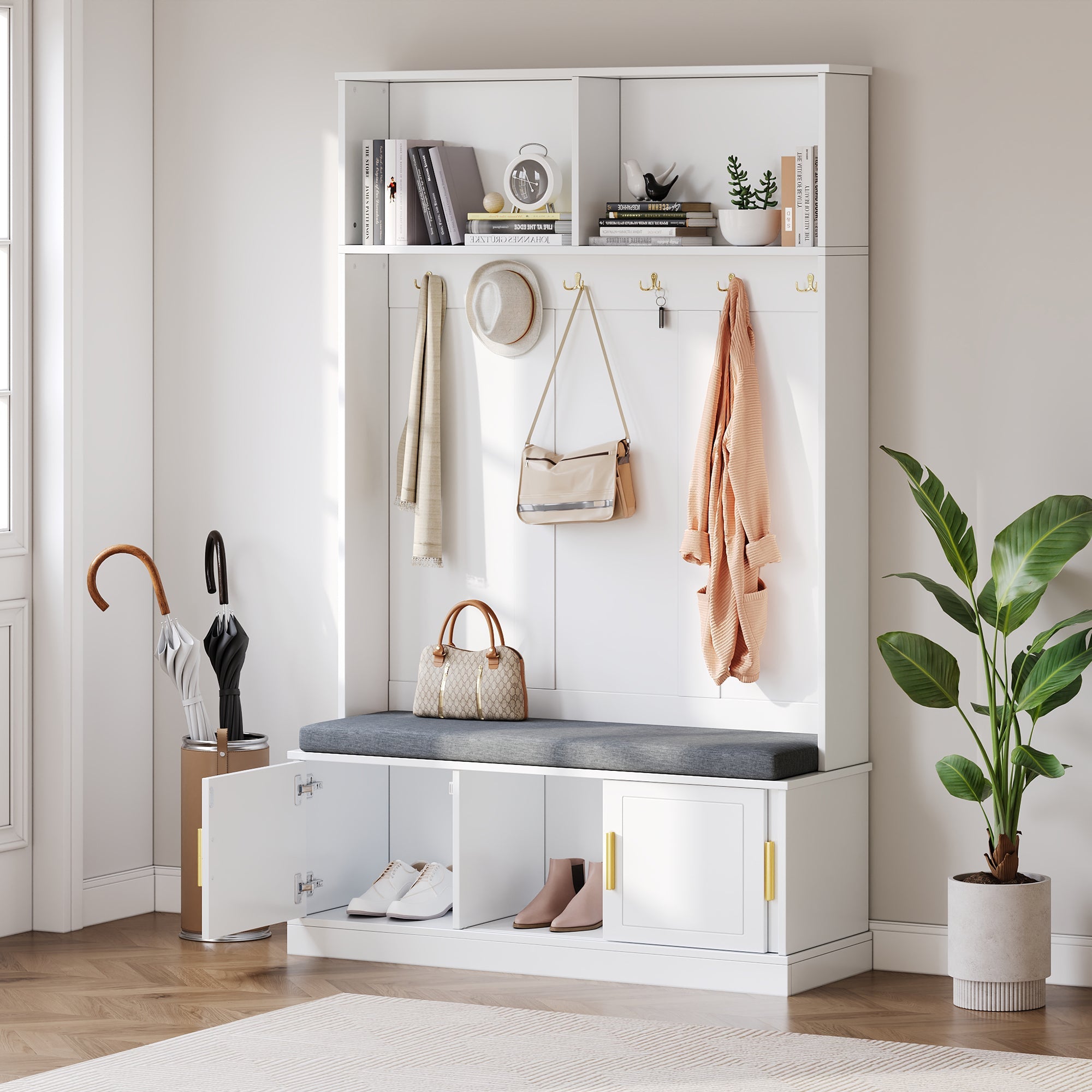 Coat rack with shoe bench, wardrobe, 6 triple hooks, freestanding, space-saving, white