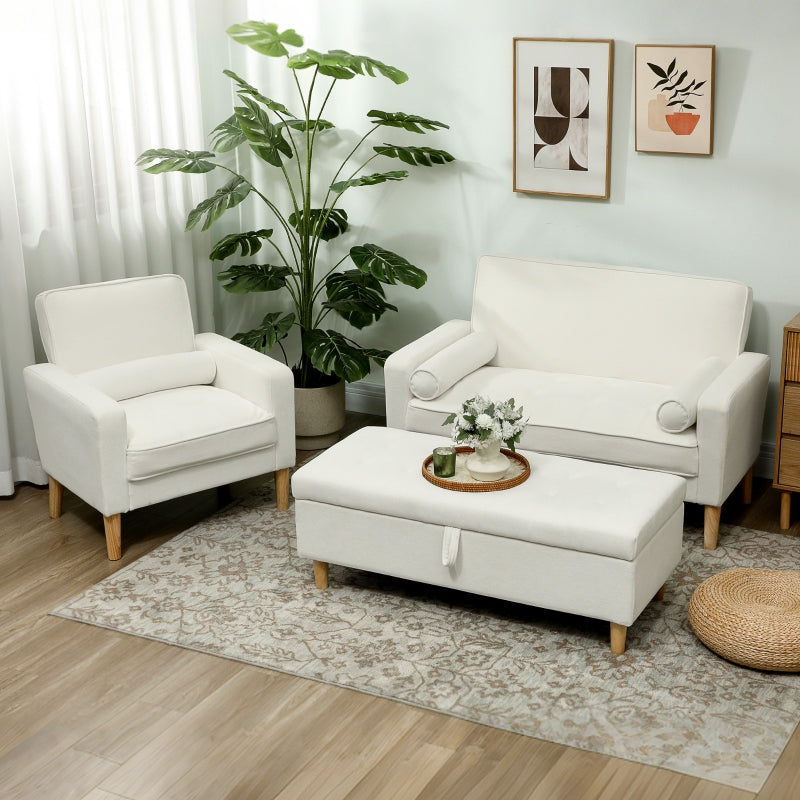 2-Seater Sofa, Upholstered with Rubber Wood Legs, Cream White