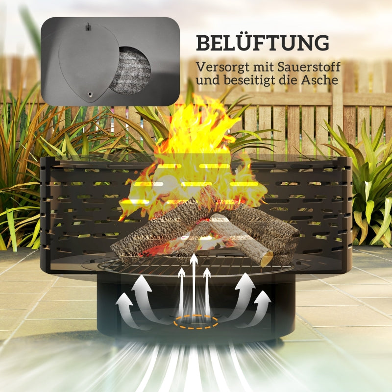 Fire Pit 3-in-1 Ø60cm Grill Grate Spark Screen Poker Stainless Steel Charcoal Grey