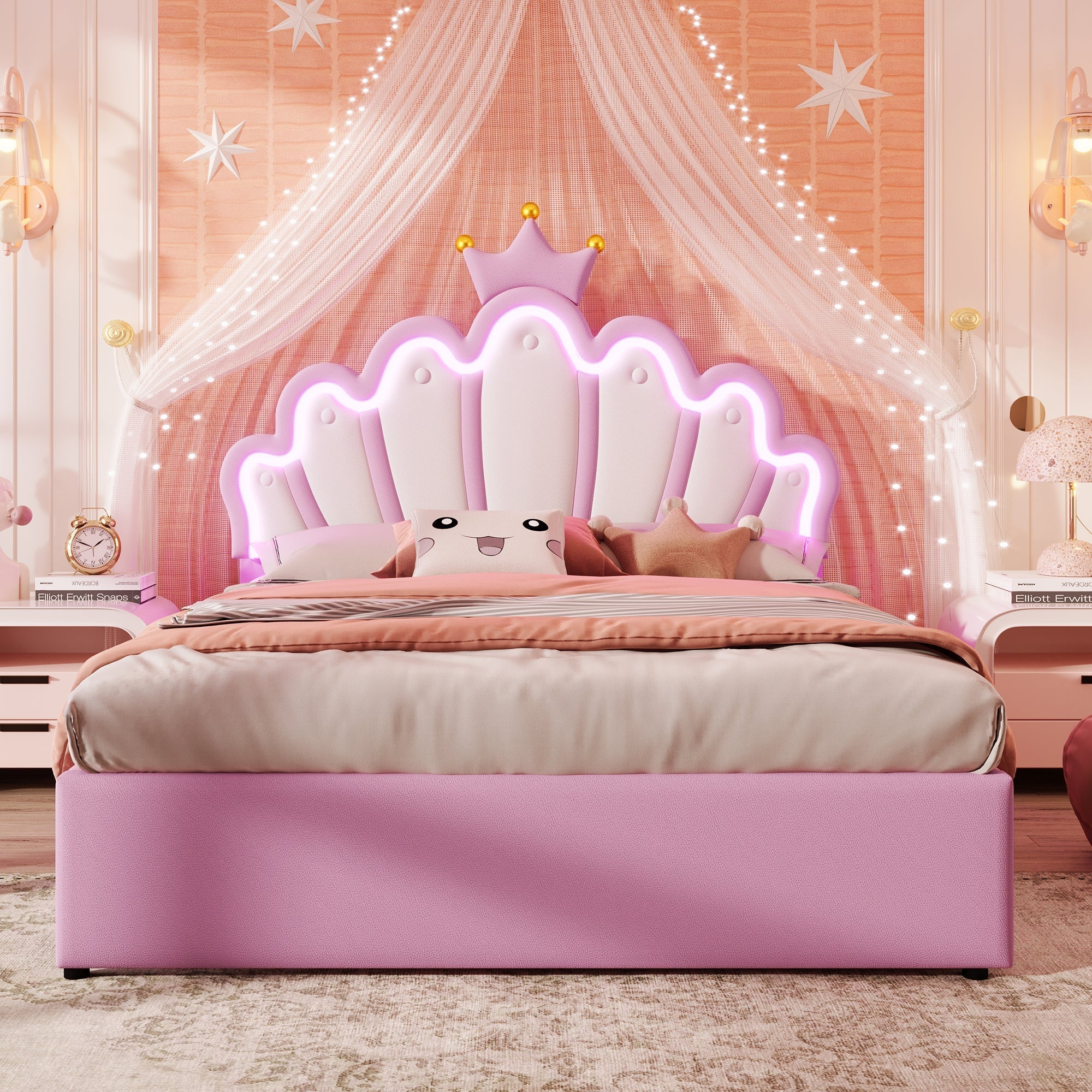 Princess Upholstered Bed 140x200cm Crown Shape LED 2 Drawers - PU Pink