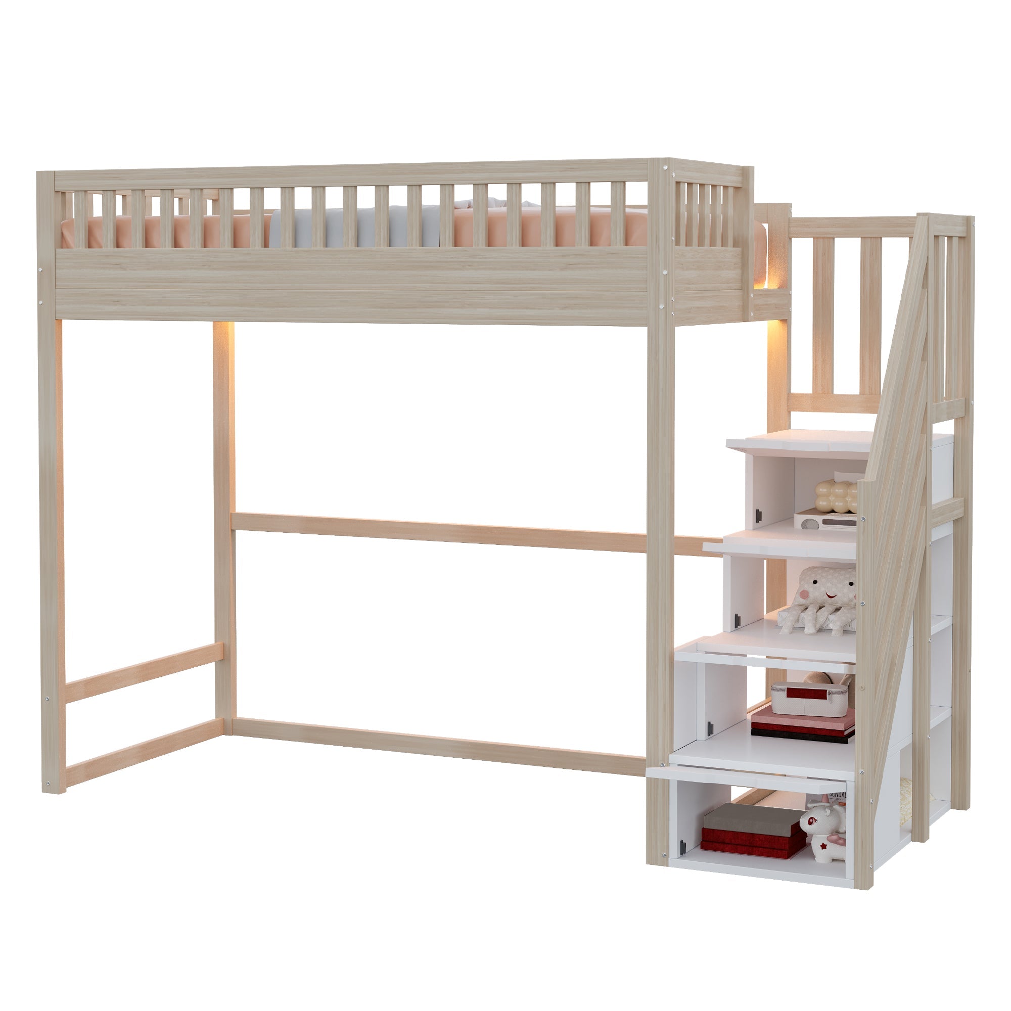 Loft Bed with Safety Railing, LED Light Strip and Interchangeable Ladder, 90x200cm, Natural Pine Wood