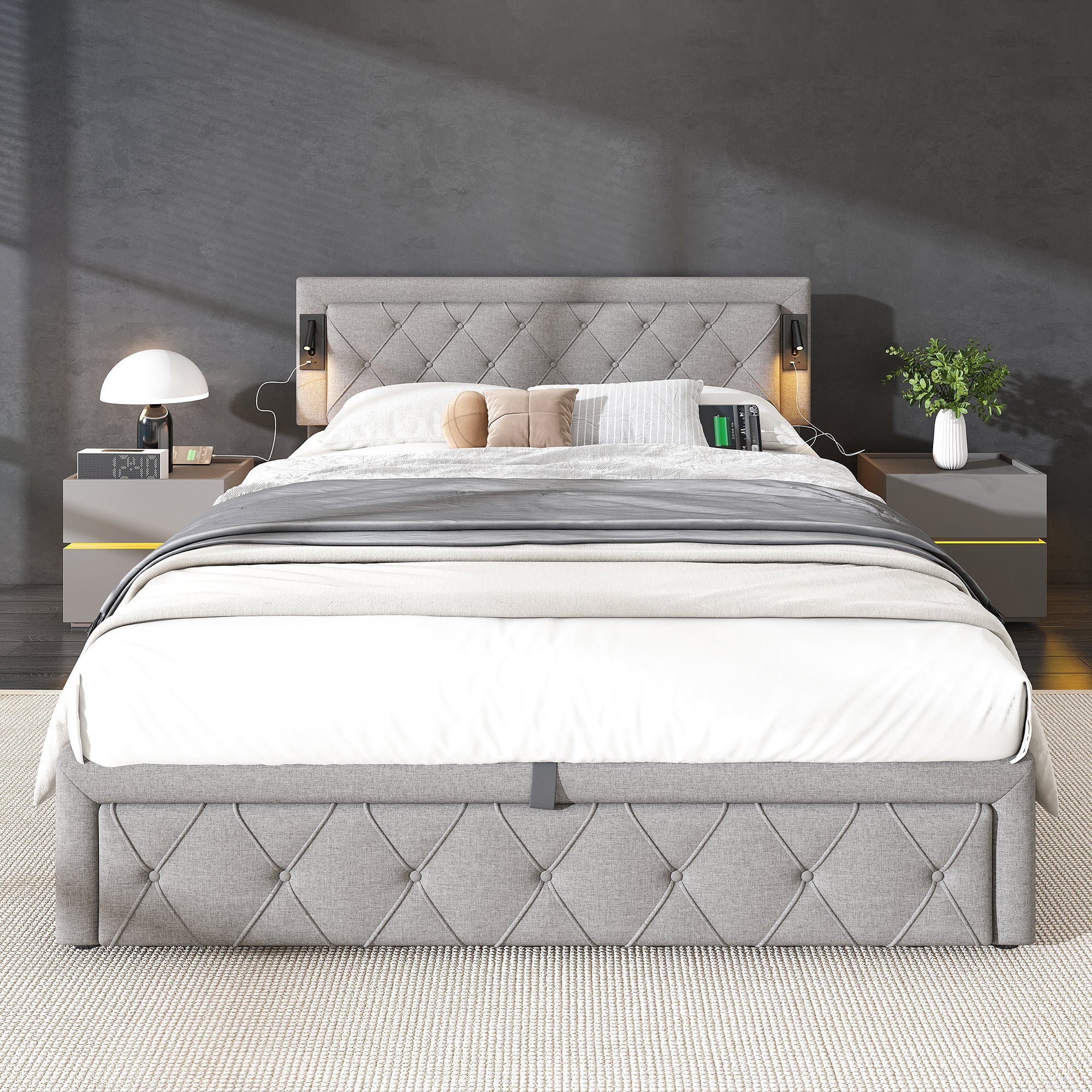 Upholstered Storage Bed with Downlight, USB Port and Slatted Base, 160x200cm, Grey Linen