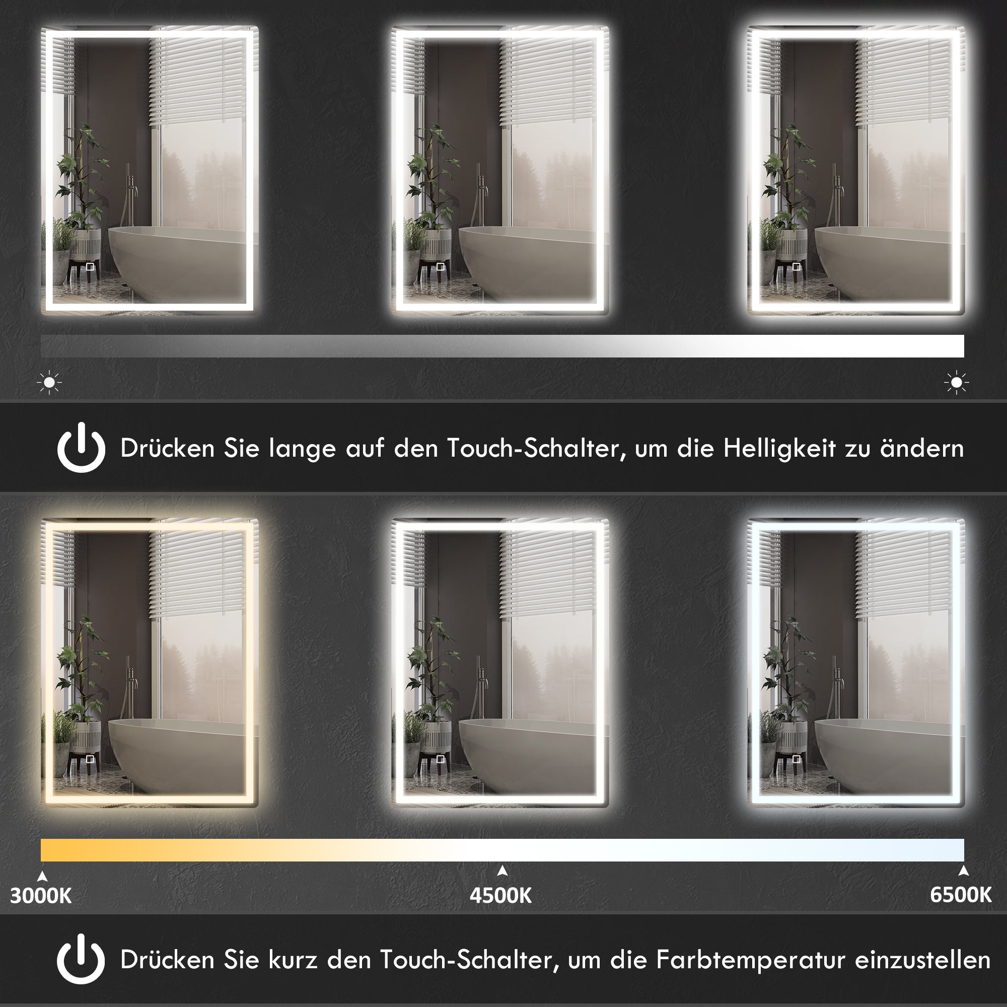 Dimmable Bathroom Mirror 80x60cm Memory Anti-Fog Surface, Glass