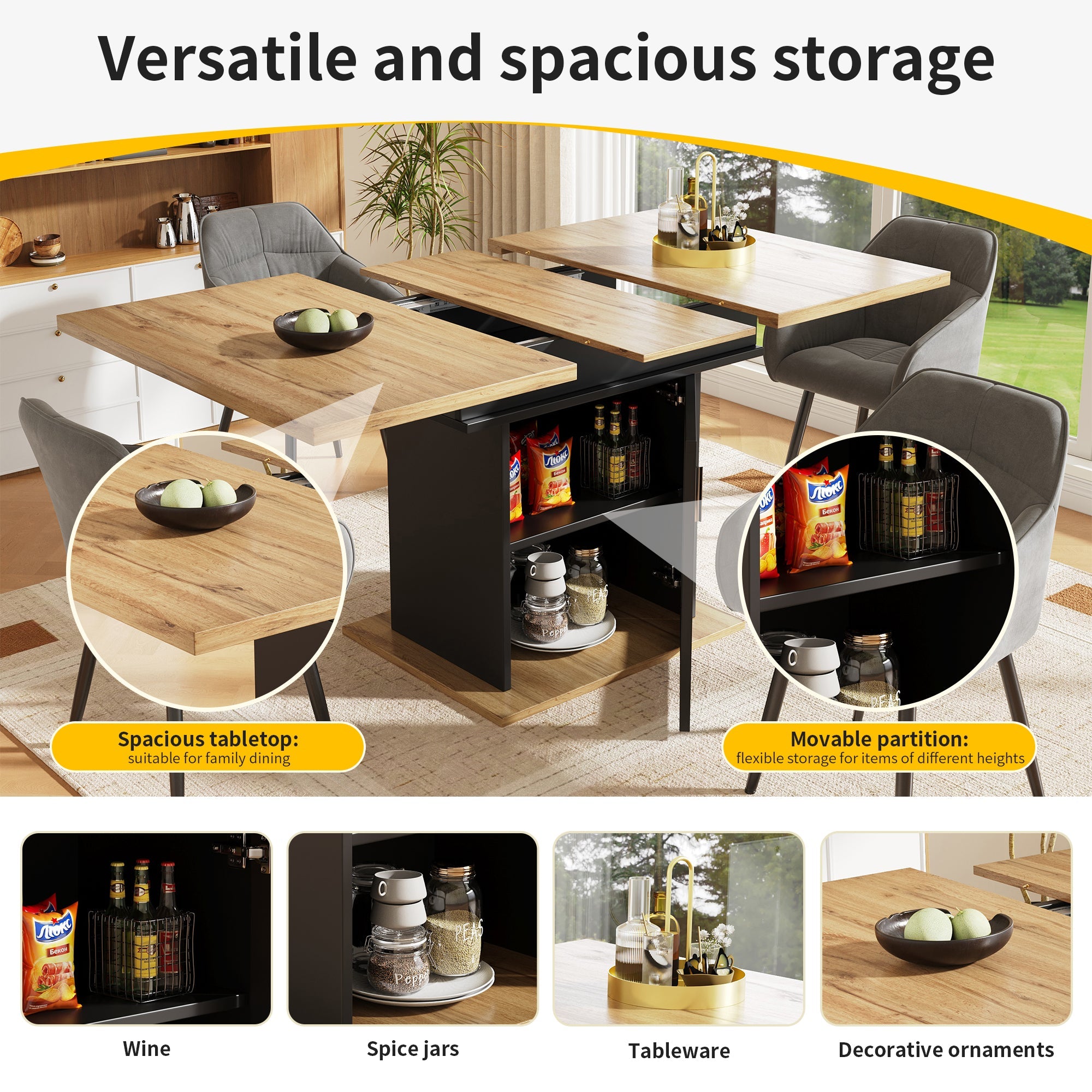 Telescopic Dining Table Extendable Space-Saving Storage Shelf natural + black