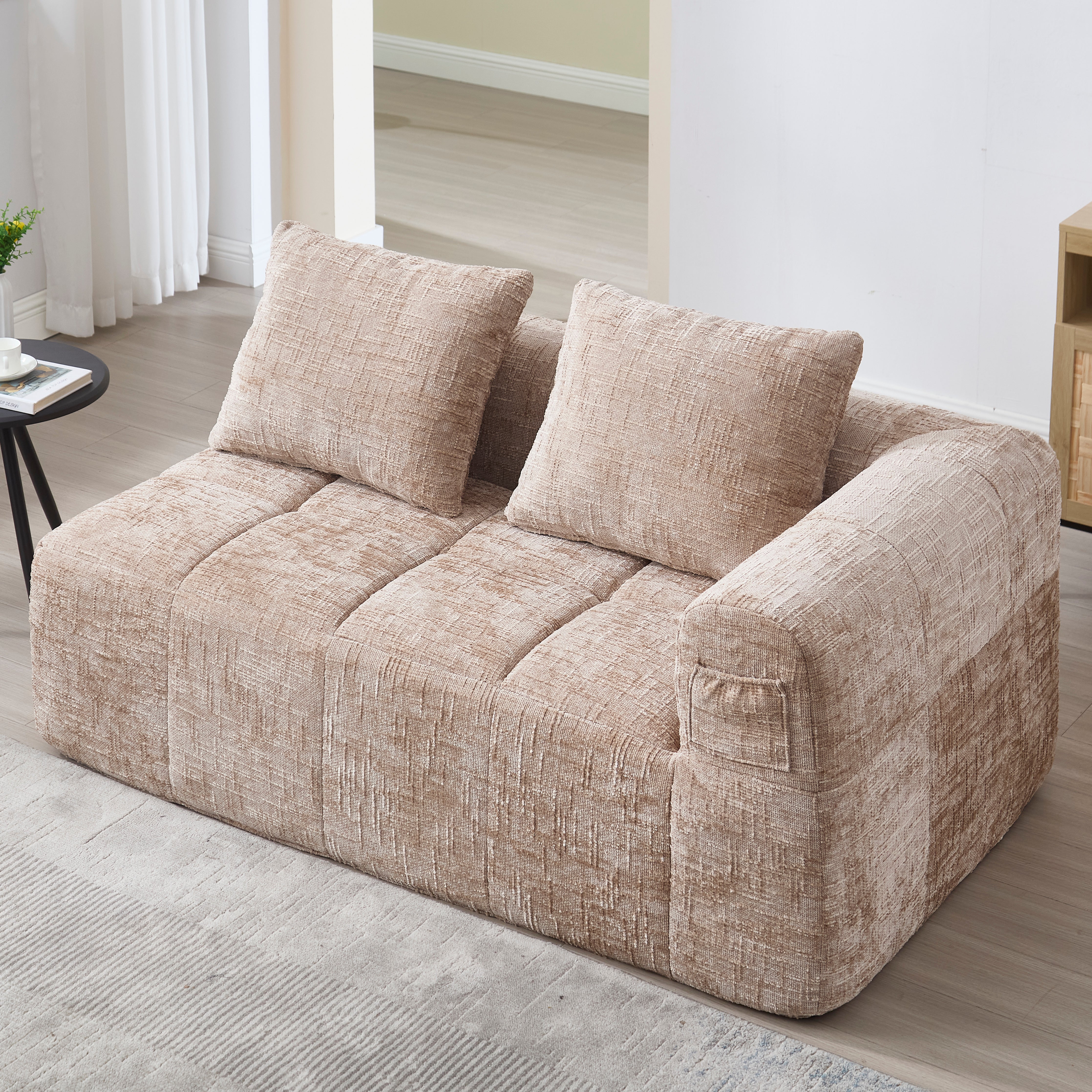 Sofa, 2-Person Plush No Assembly Side Pockets, Khaki