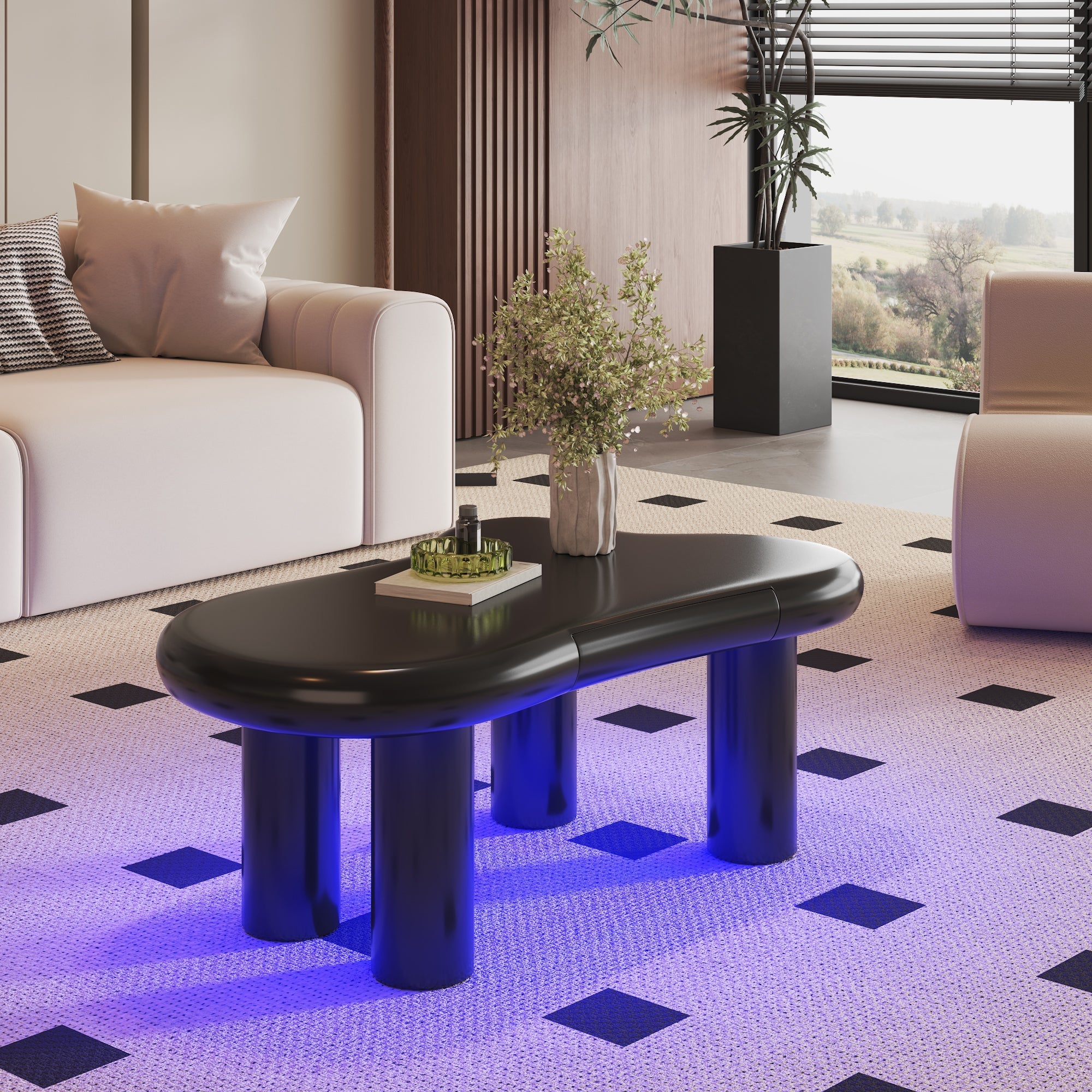 Coffee Table, Cloud-Shaped with 16-Color LED & Drawer, Black MDF