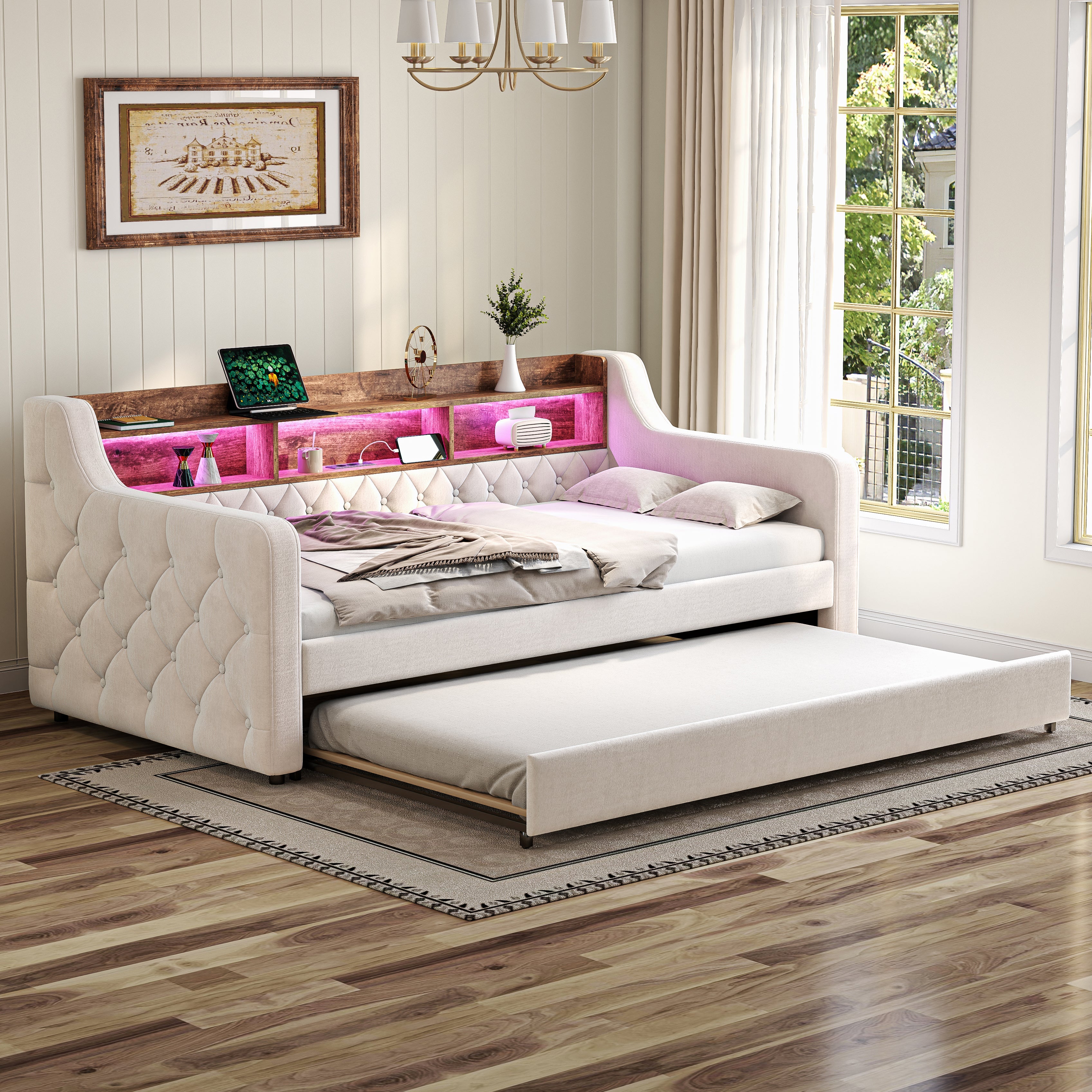Sofa Bed 90x190cm Storage LED USB-C - Beige Velvet