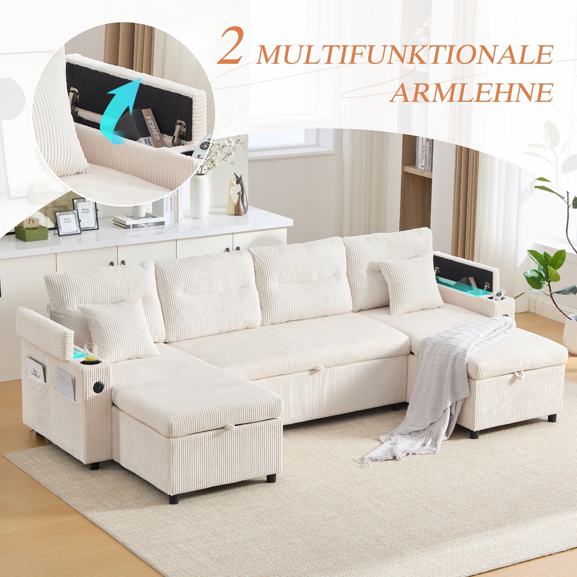 Modern 4-Seater Sofa with Double Chaise, Pull-out Bed, Storage and USB Ports, Beige Velvet