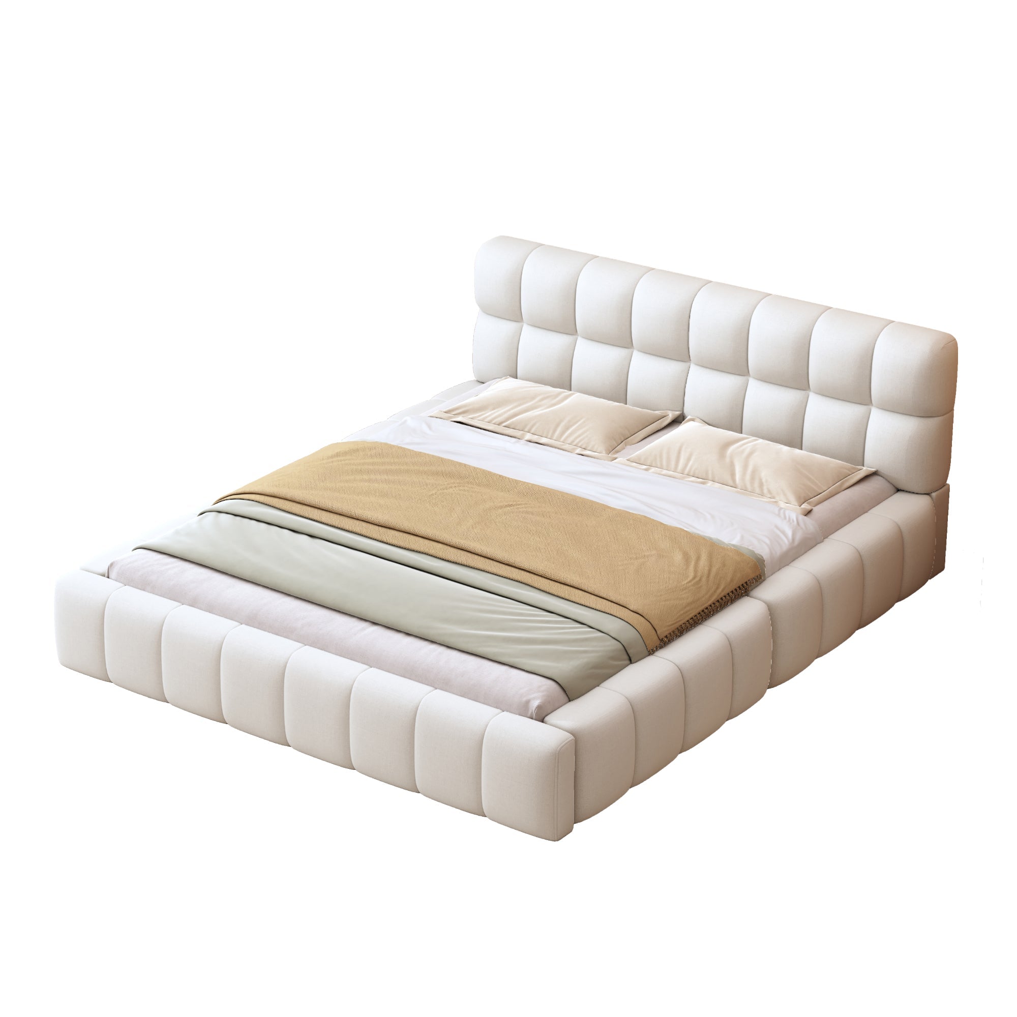 Upholstered Bed, 140x200cm Double with Soft Backrest, Linen Beige