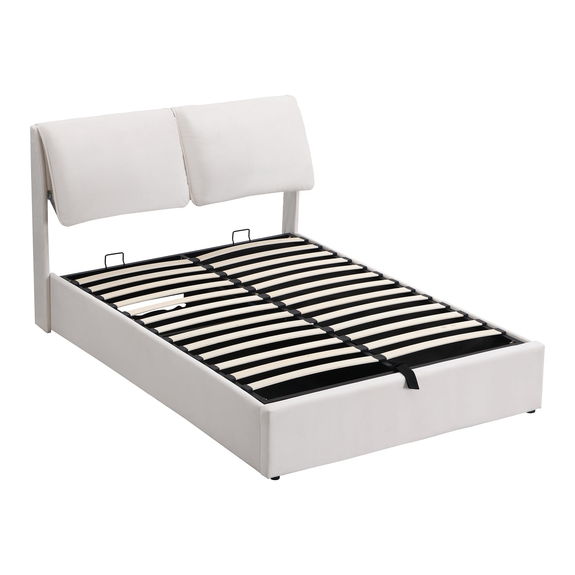 Upholstered Bed, 140x190, Hydraulic Base, 3 Drawers, Storage Chest, Slat Frame, Headboard, Velvet Beige