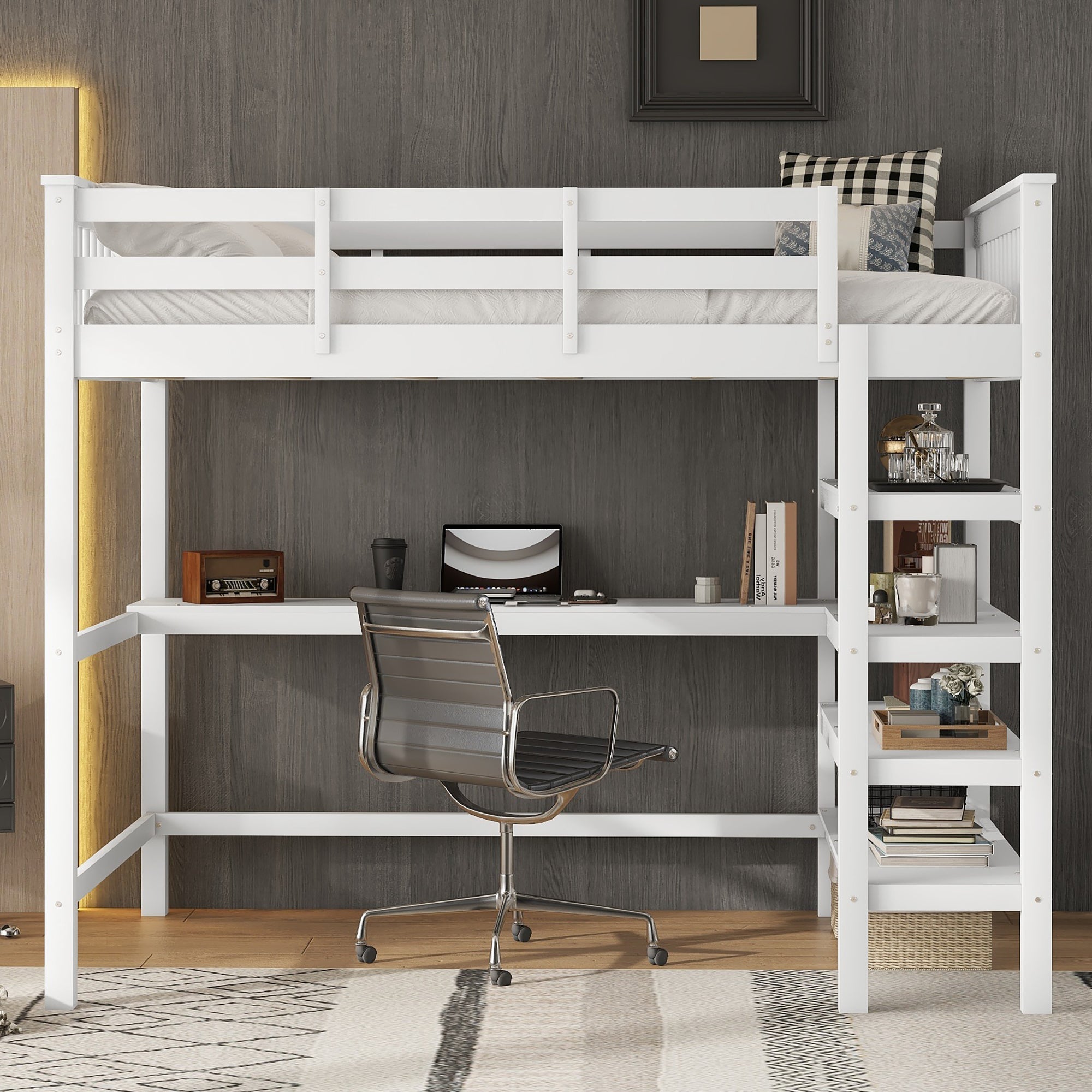 Loft Bed 140x200cm with Storage and Under-bed Desk - White