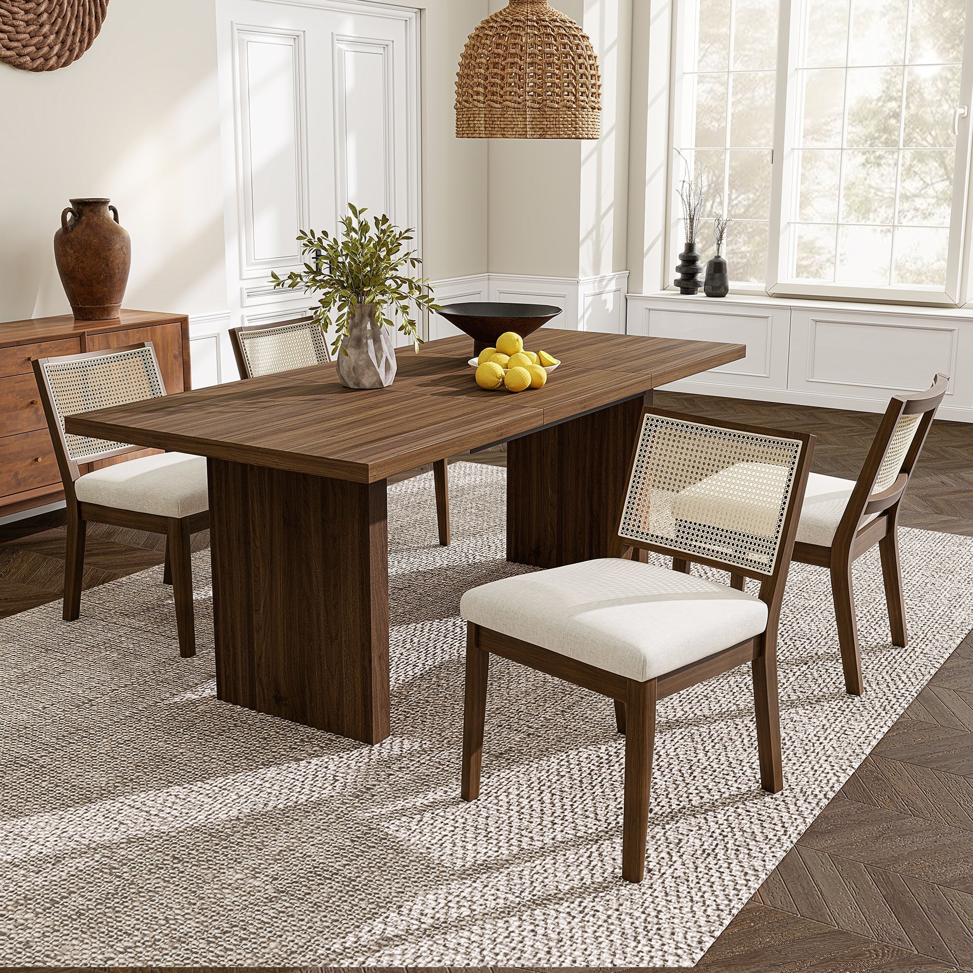 Solid Wood Dining Chairs Set of 4 with Rattan Backrest, Linen and Walnut