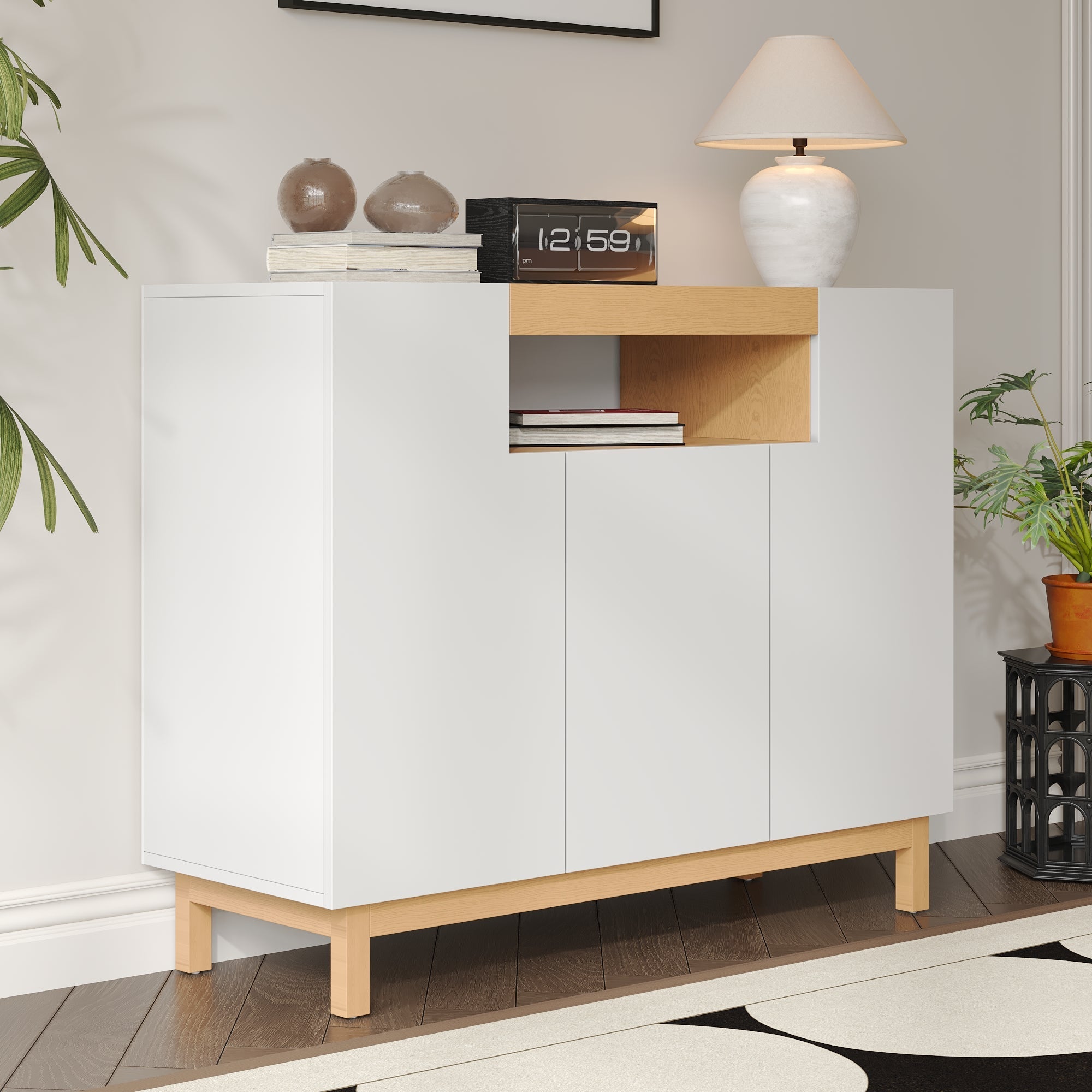Sideboard, 3-Door Multifunctional Storage Cabinet for Living & Dining, White