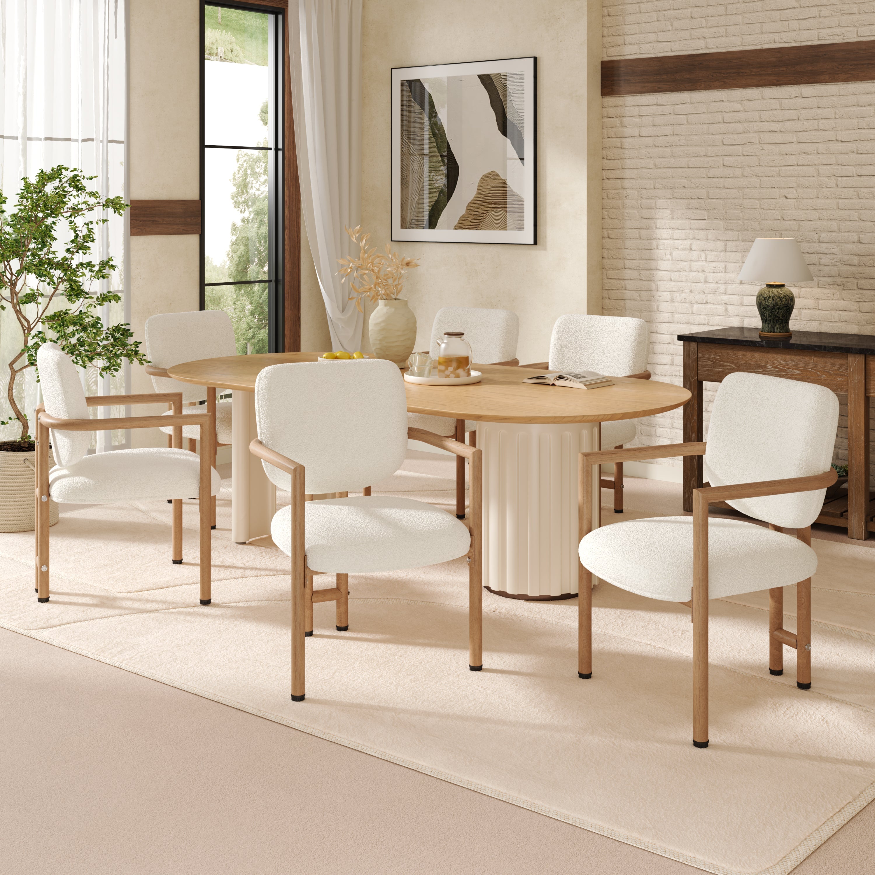 Modern Dining Chairs Set of 4, Ergonomic Bouclé Seats with Wood-Look Metal Legs, Natural Color