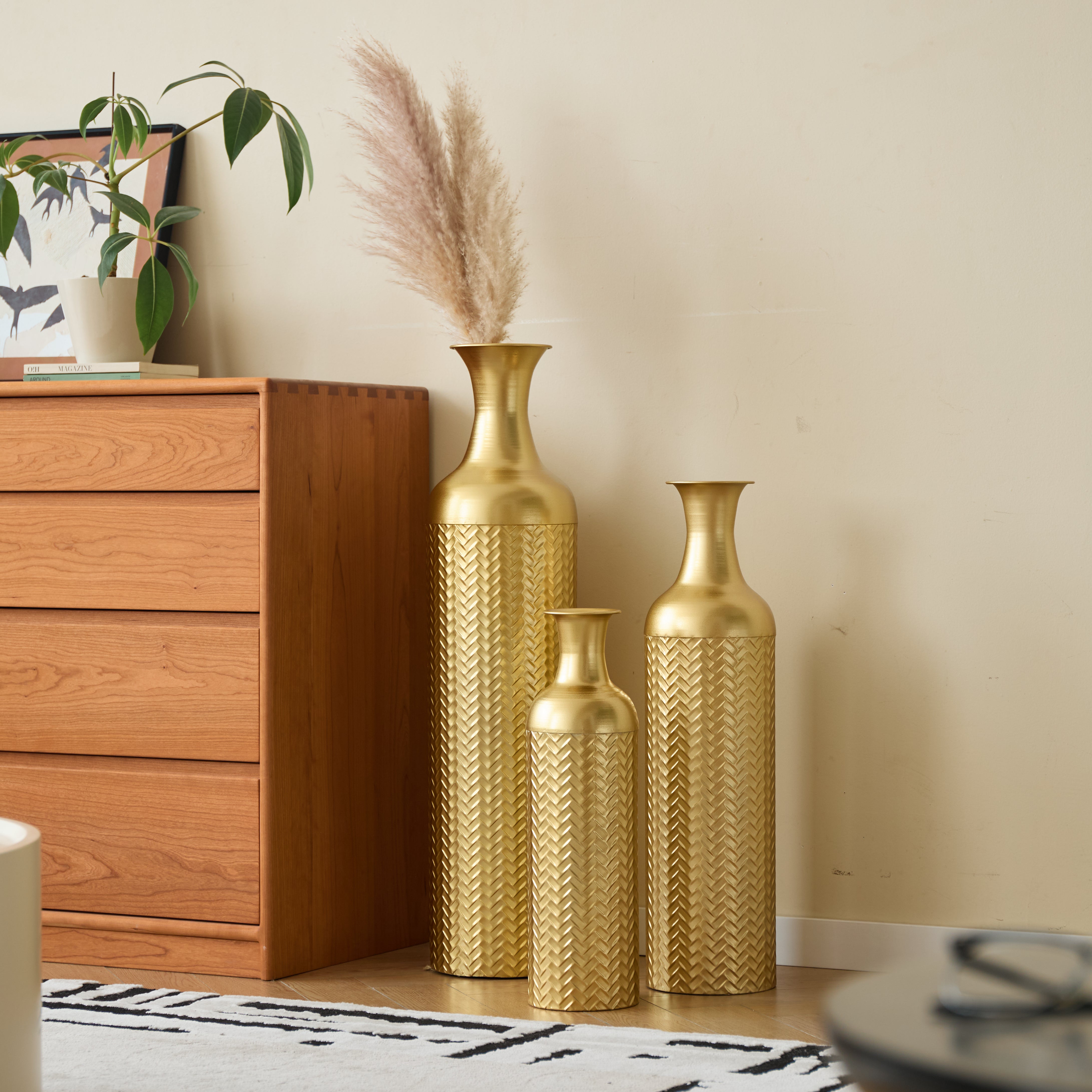 Golden Floor Vase Set, 3 Retro Decorative Vases 83/65/50cm High, Metal