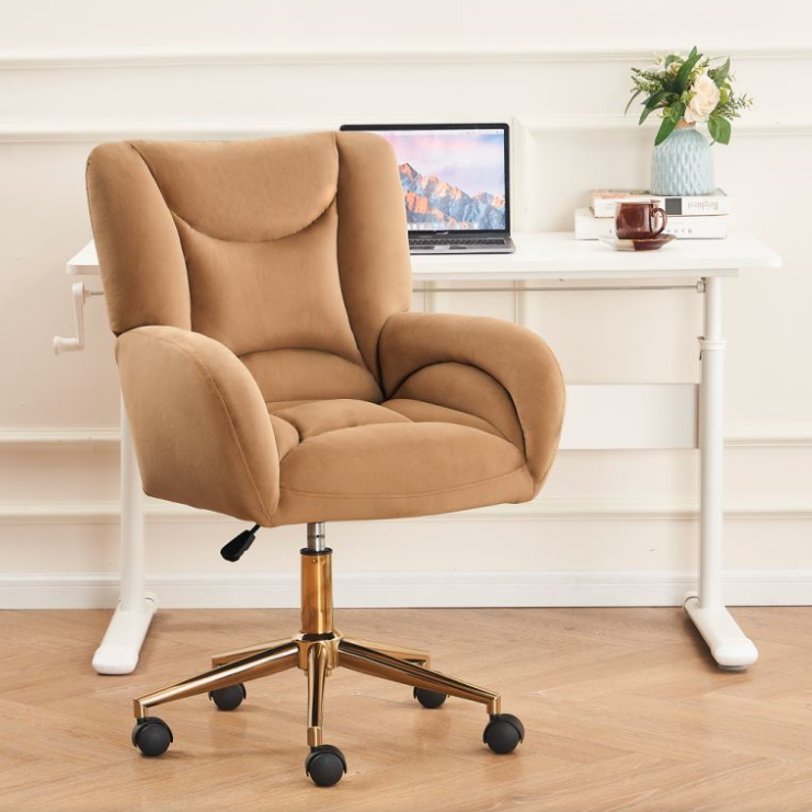 Full KD Adjustable Height Swivel Home Office Chair, Brown Velvet Fabric with Gold Legs