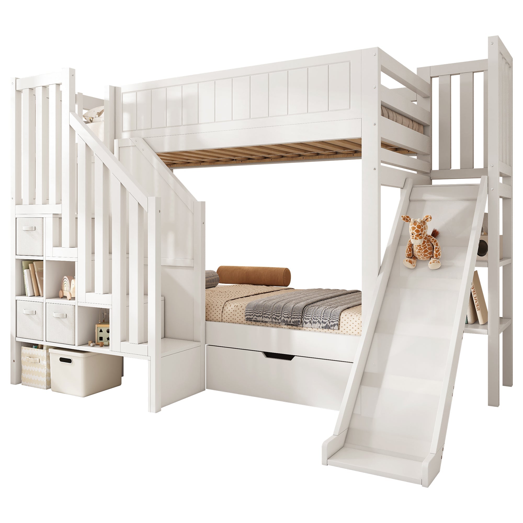 Children's Bunk Bed with Slide, Ladder Wardrobe, Drawers and Shelf, 90x200cm, White