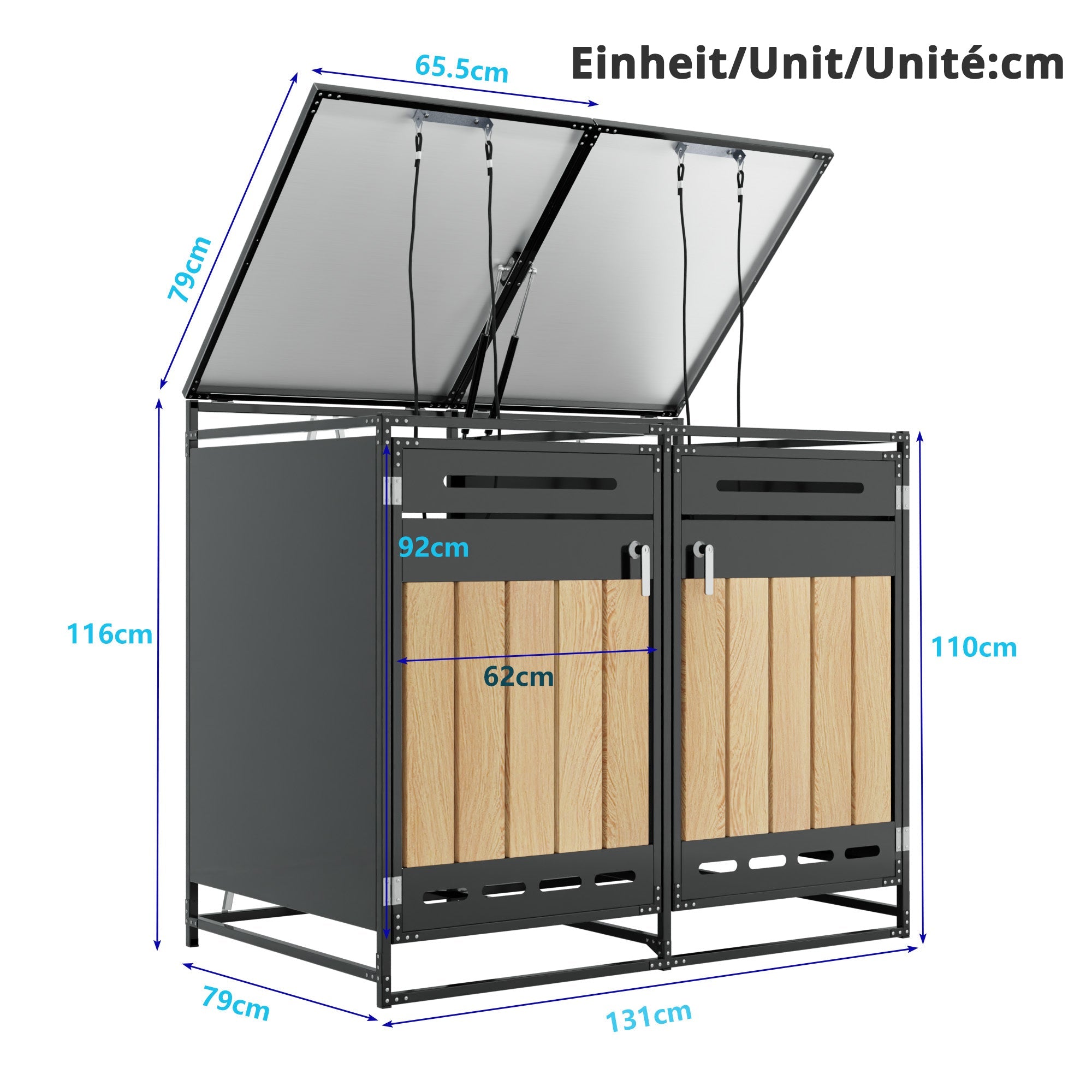 Bin Storage Unit with Hydraulic Lid, Slotted Ventilation and Lock, Iron Wood-Look Cladding