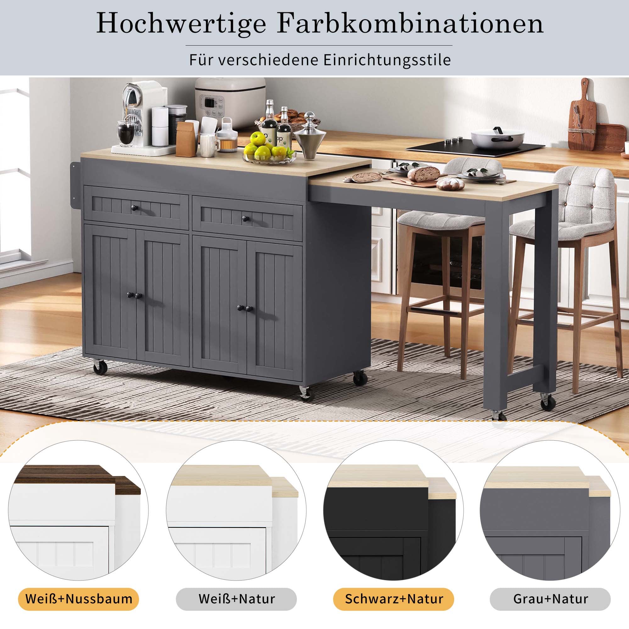 Kitchen Island, Extendable Dining Area Worktop & Drawers, Mobile Freestanding, Gray + Natural