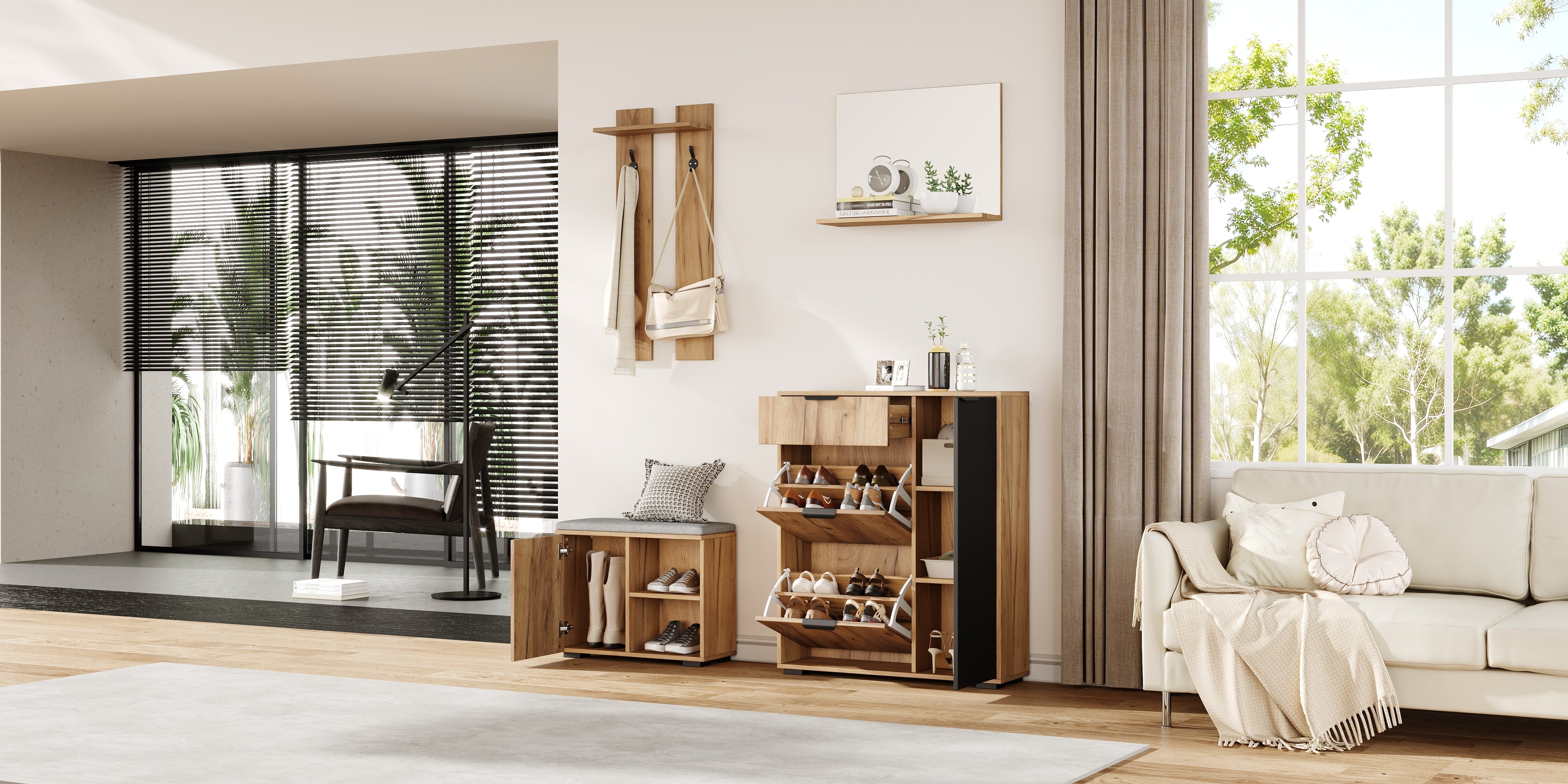 Hallway Wardrobe Set Wall-Mounted with Shoe Bench Shoe Cabinet Mirror Natural and Black