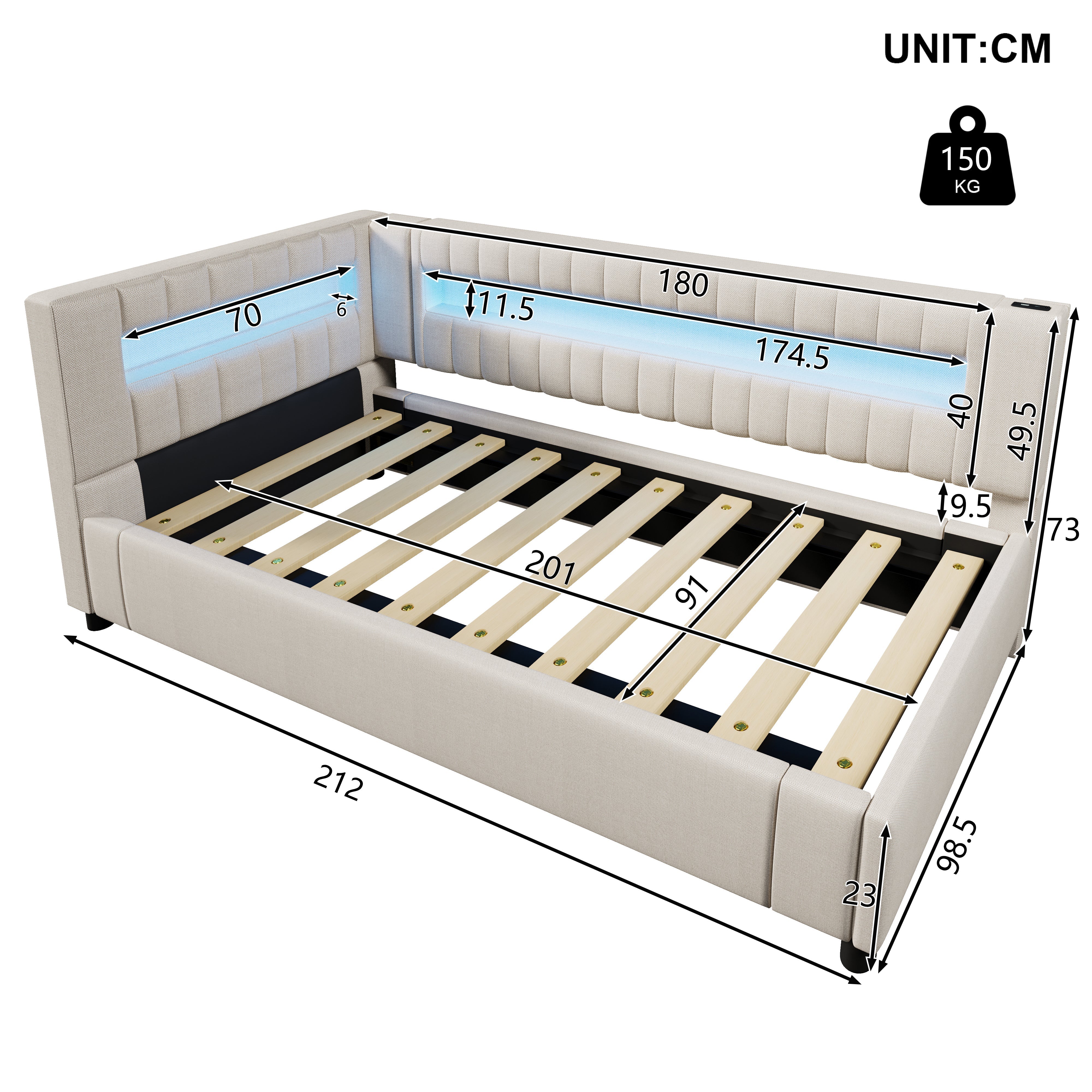 Daybed Sofa Bed 90x200cm Hydraulic Storage LED USB/Type-C - Linen Beige