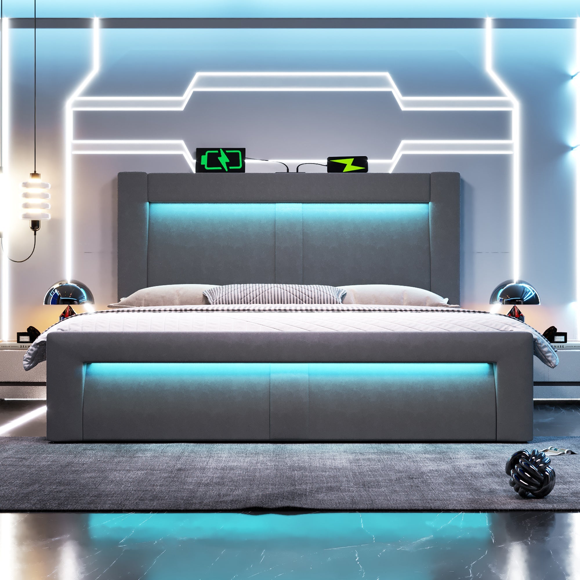 Double Bed 140x200 cm with Hydraulic Storage, LED, USB and Type-C, Grey Velvet