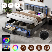 4ft6 Double Upholstered Bed Frame, Hydraulic Storage, LED Headboard, Charging Station, Grey Velvet