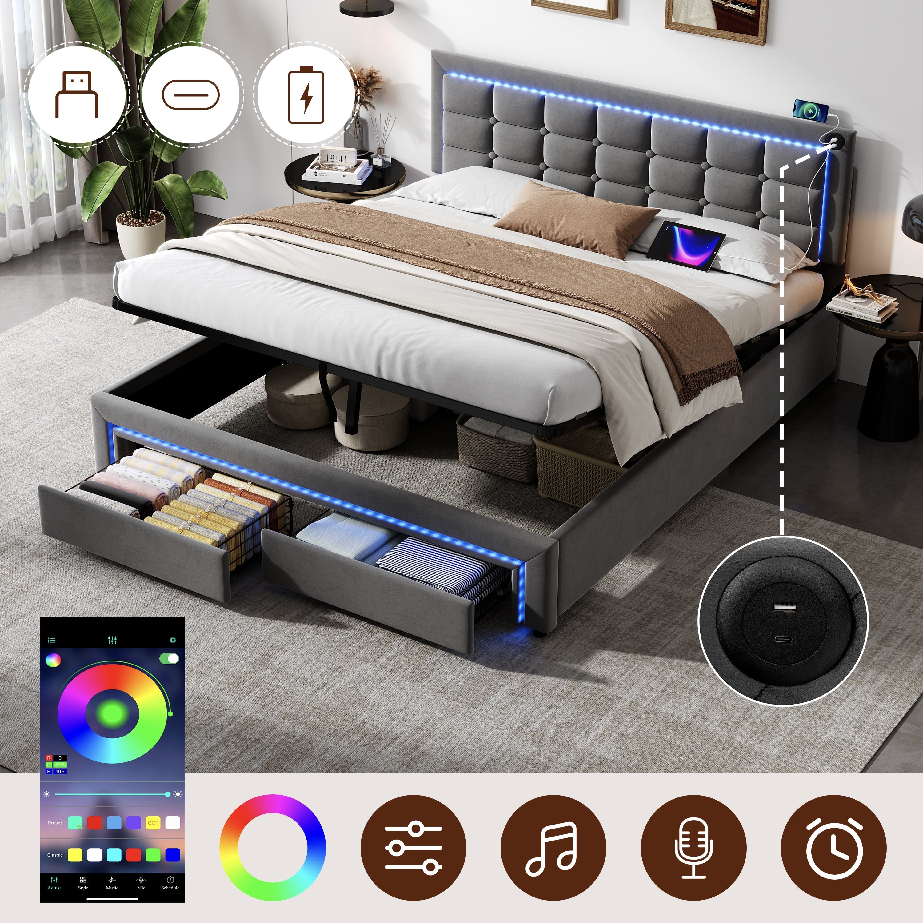 King Upholstered Bed Frame Hydraulic Storage LED Headboard Charging Station, Grey Velvet