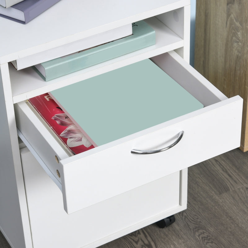 60cm Filing Cabinet with Drawer, Open Shelf, and Wheels, White Engineered Wood