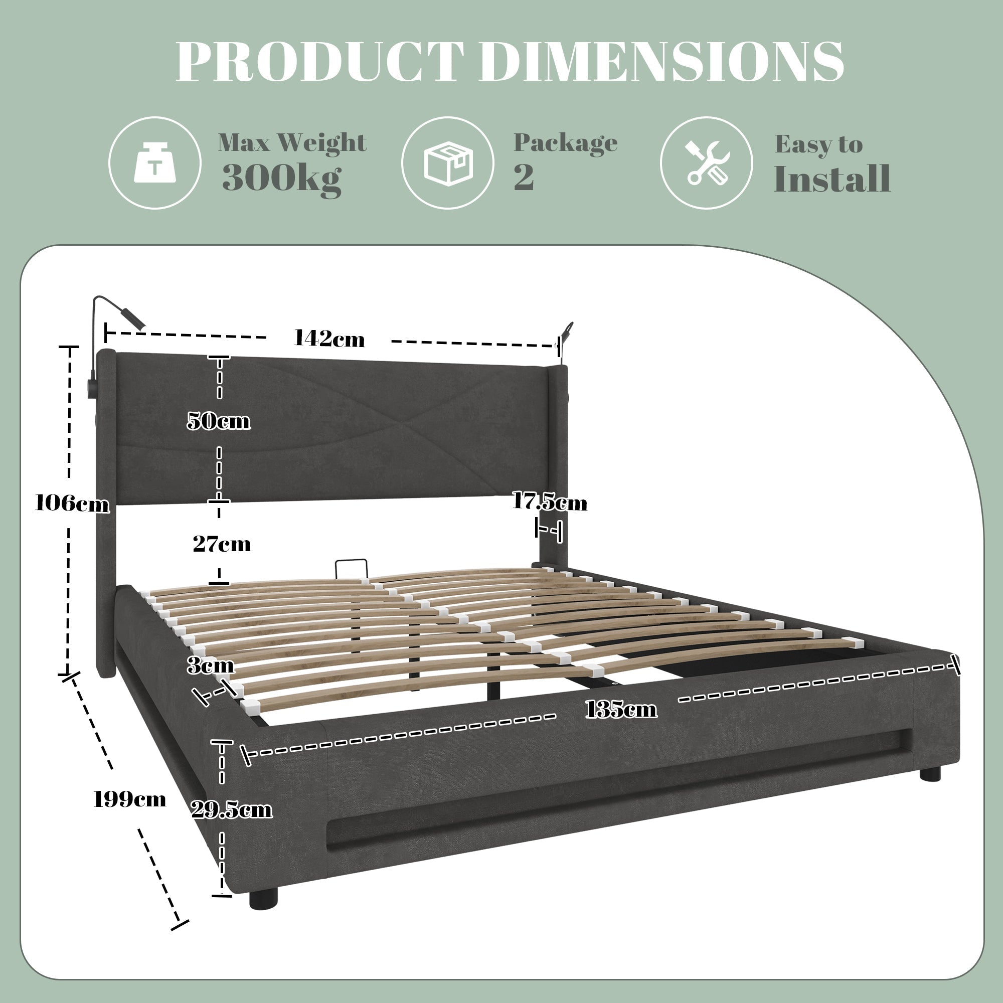 Modern Bed Frame, Reading Lights, LED, Hydraulic Storage Base, USB Ports, Dark Gray