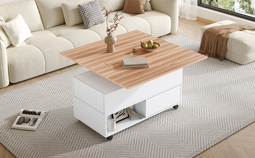 Coffee Table, 100x50x52cm Lift-Top with 4 Wheels & Drawers, White & Wood