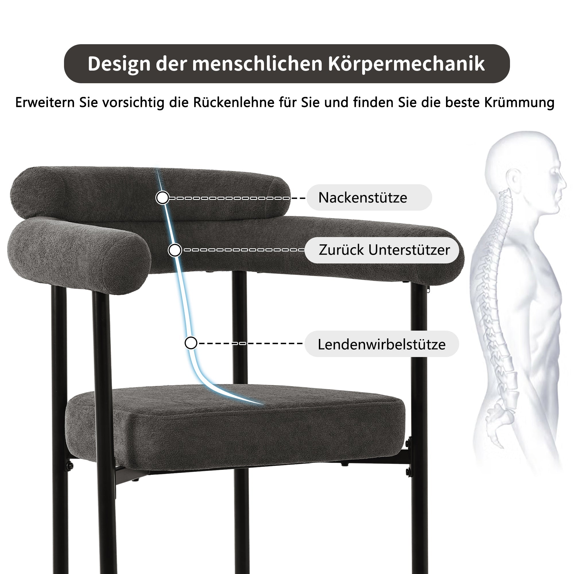 Dining Set (5-Piece) - 4 Armchairs, Designer Metal Legs - Grey Suede