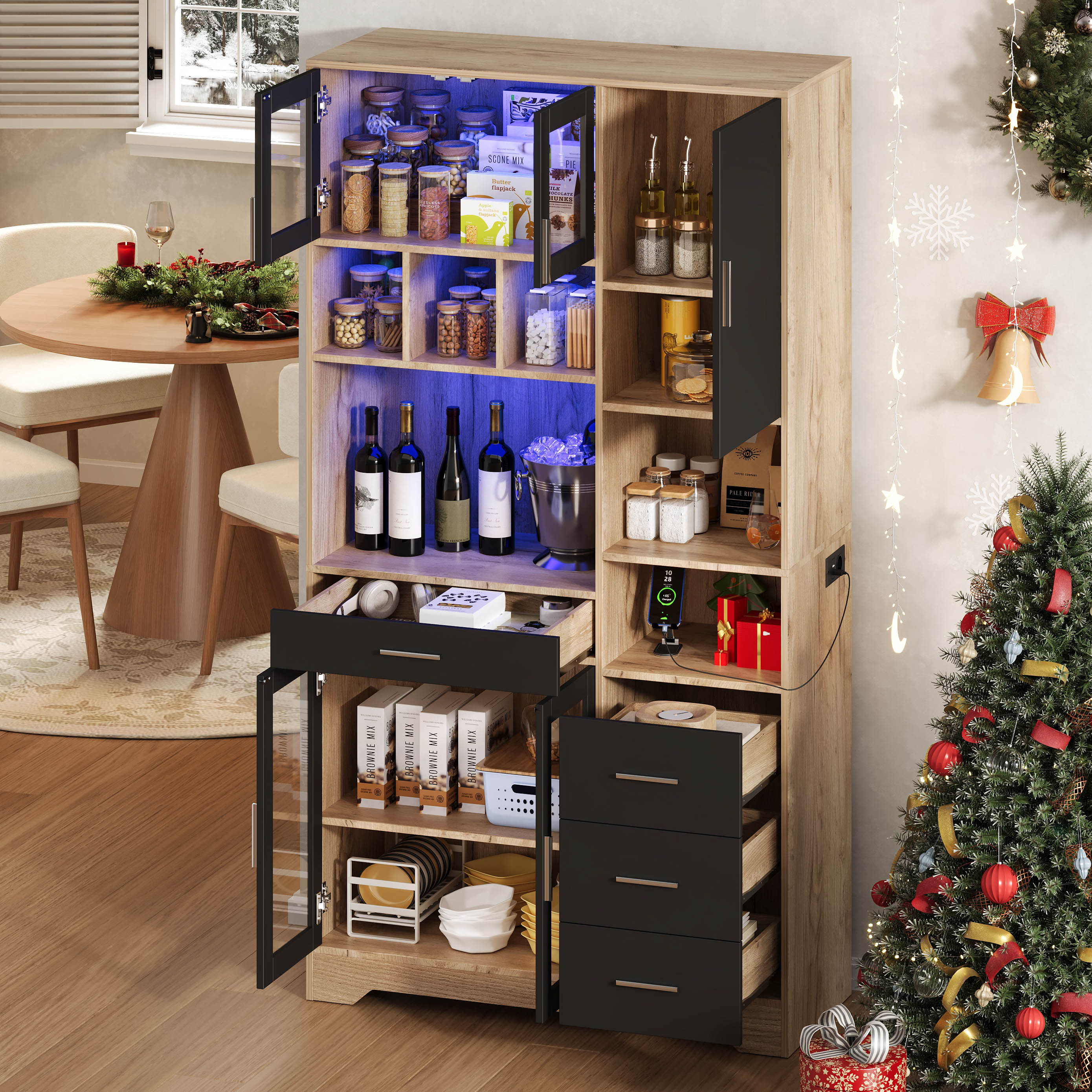 Farmhouse Style Vintage Tall Kitchen Cabinet with LED Lights and Socket, Oak Look