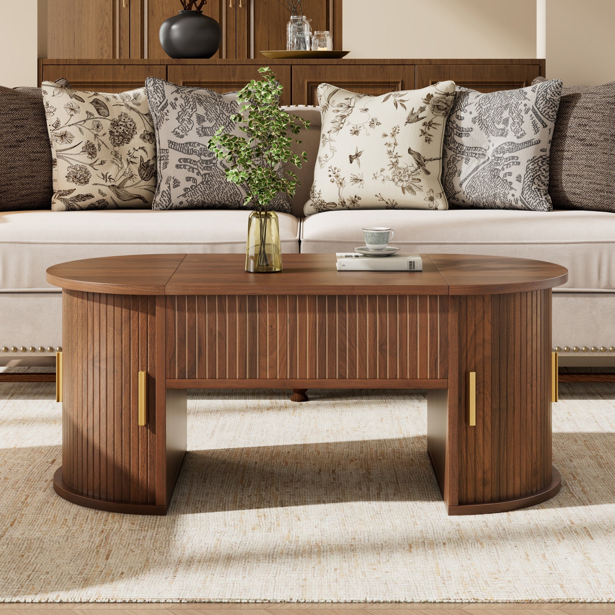 Modern Height-Adjustable Coffee Table with Storage and Sliding Doors, Wood