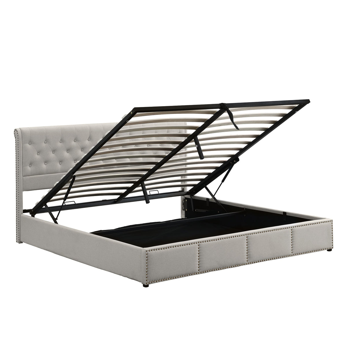 Upholstered Bed 140x200cm Hydraulic Storage Studded - Cotton-Linen