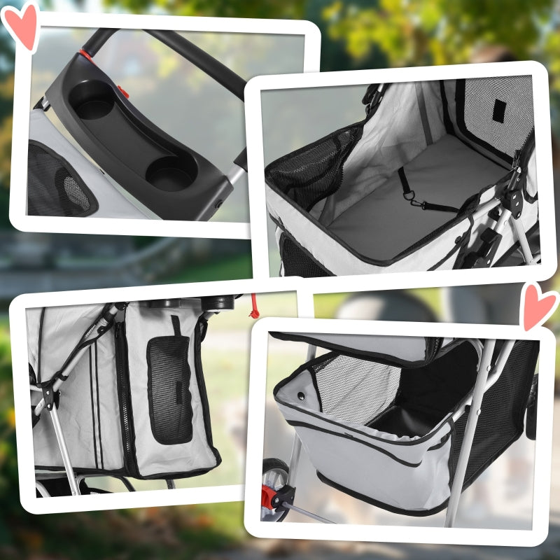 Pet Stroller: Foldable Pushchair with Wheels, Zipper Entry, Cup Holder & Basket, Grey