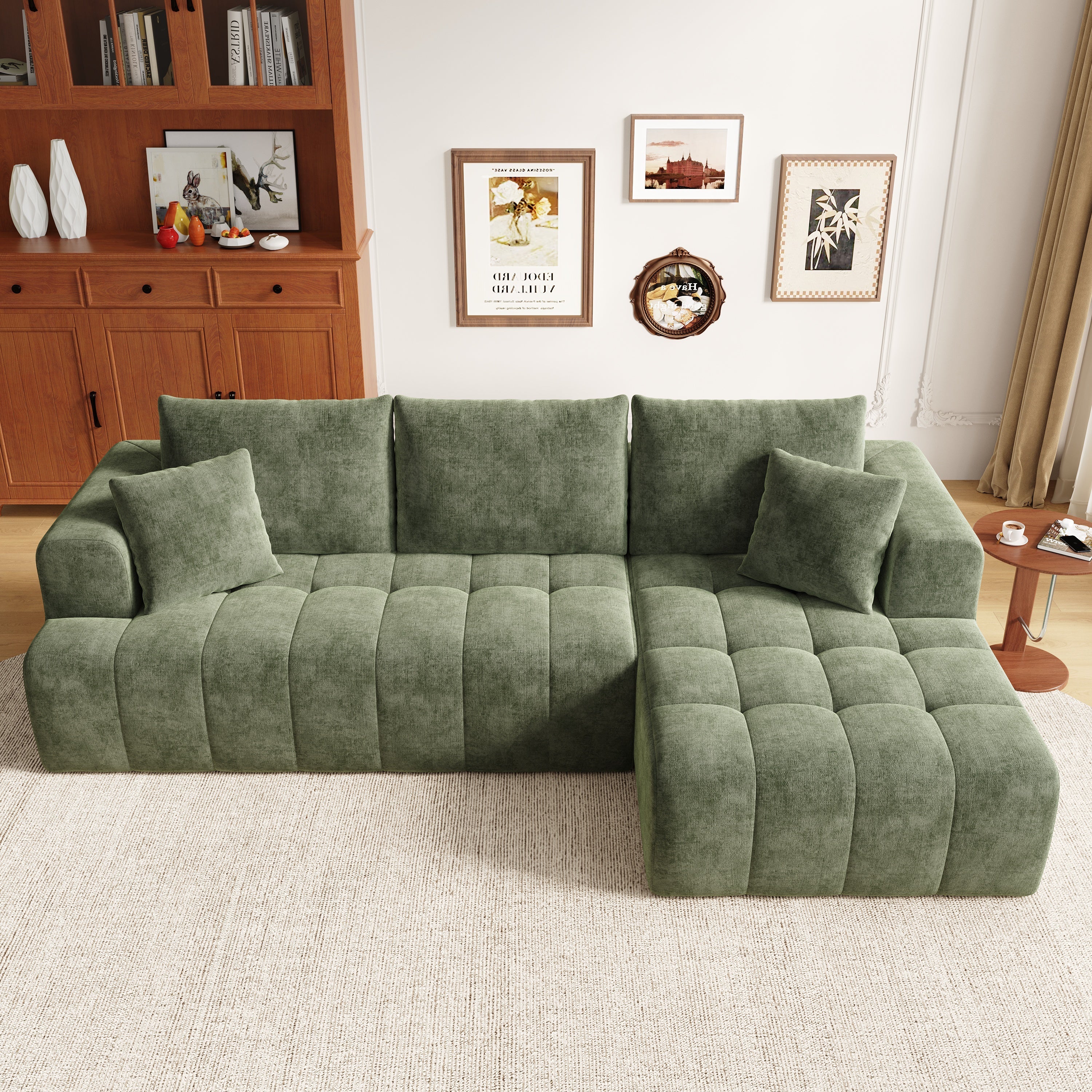 Modular L-shaped Cloud Sofa, Frameless Low-profile Design, Green Chenille Fabric